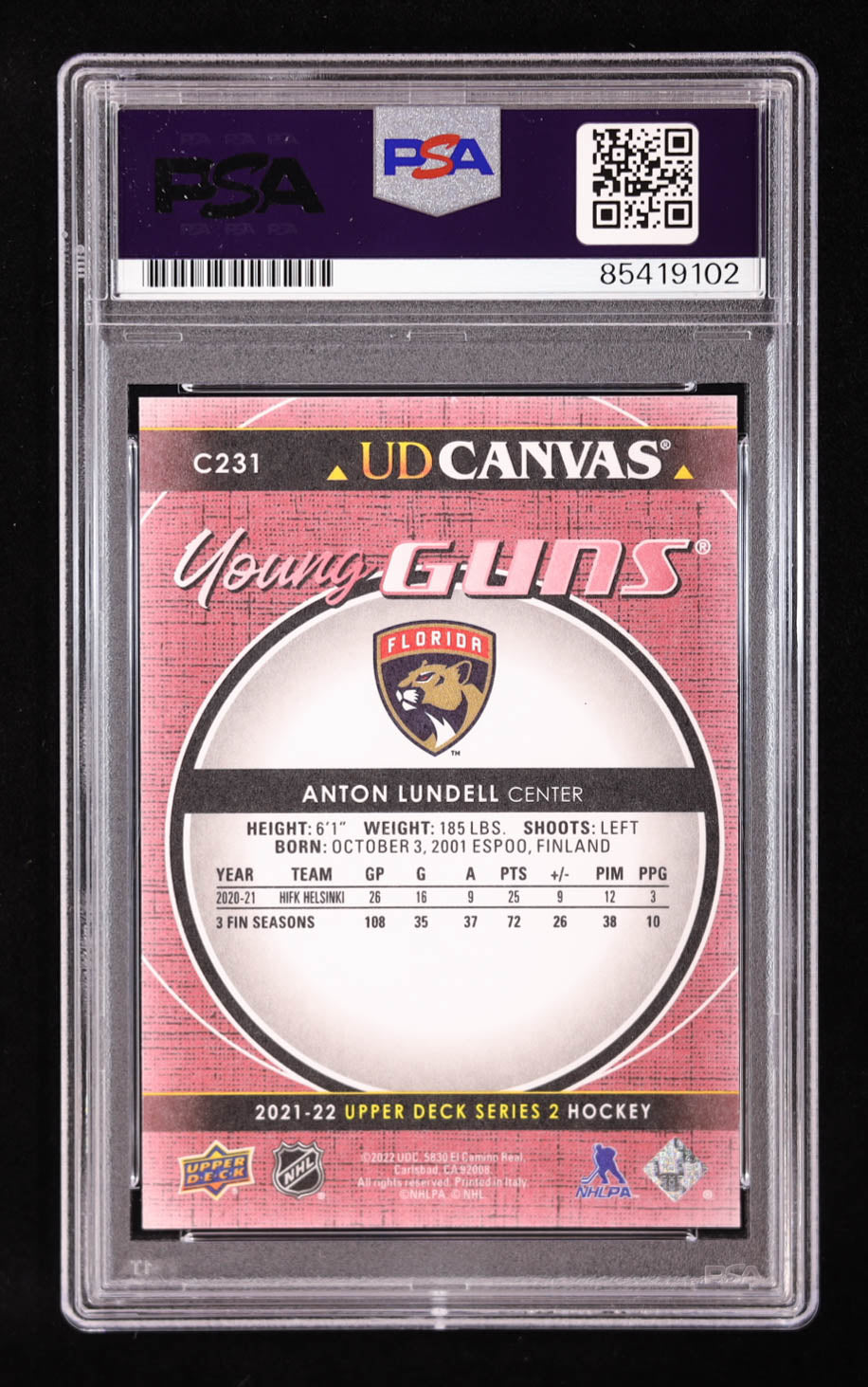 Anton Lundell Signed 2021-22 Upper Deck Young Guns Canvas #C231 RC (PSA) -Rookie Card - YG