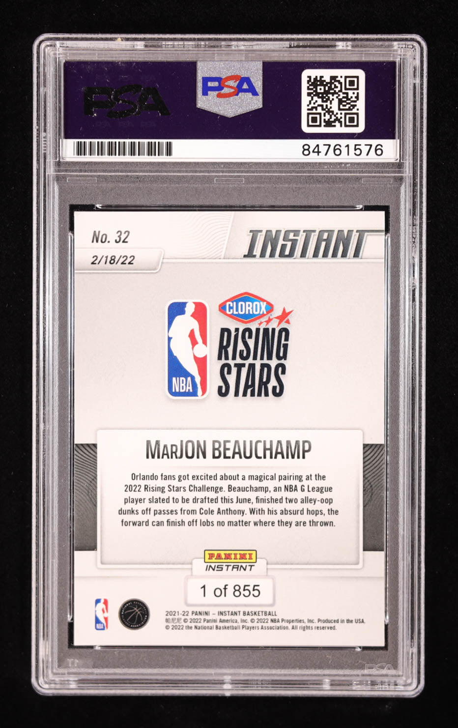 MarJon Beauchamp Signed 2022-23 Panini Instant #32 RC (PSA) Rookie Card