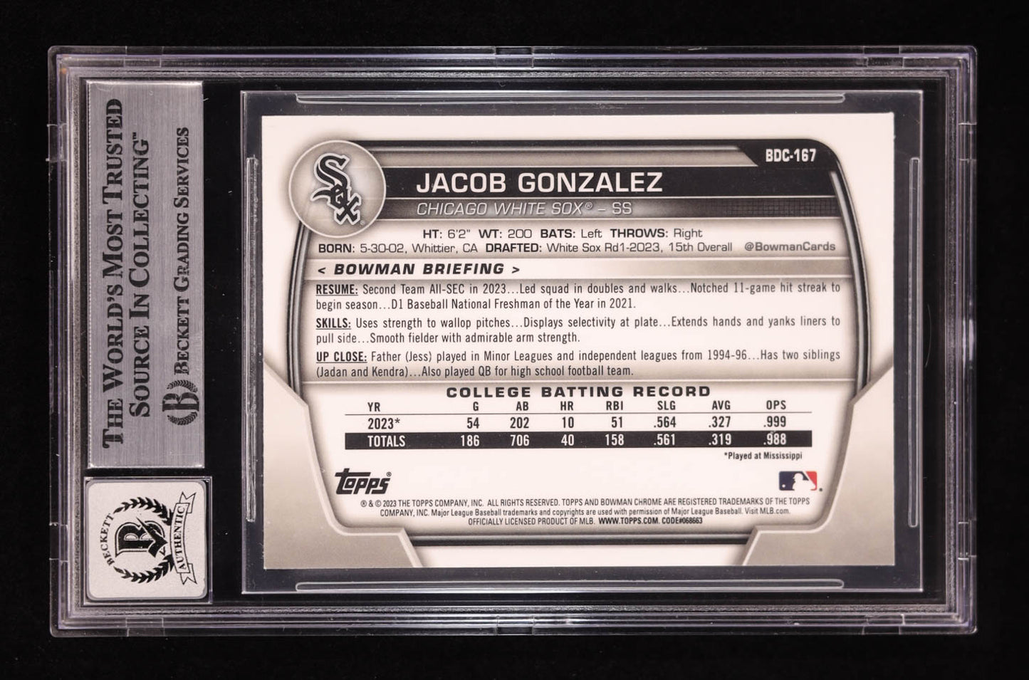 Jacob Gonzalez Signed 2023 Bowman Chrome Draft Fuschia Lunar Refractors #BDC167 #146/199 RC (BGS | Auto 10) Rookie Card | Serially Numbered #146 / 199