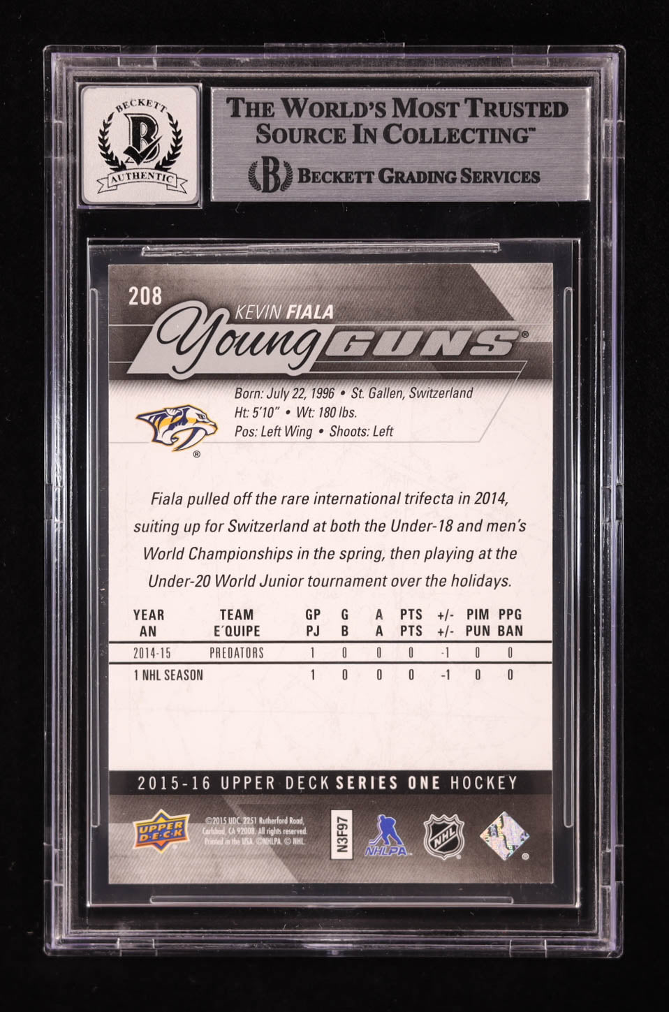 Kevin Fiala Signed 2015-16 Upper Deck #208 YG RC (BGS | Auto 10) - Young Guns - Rookie Card