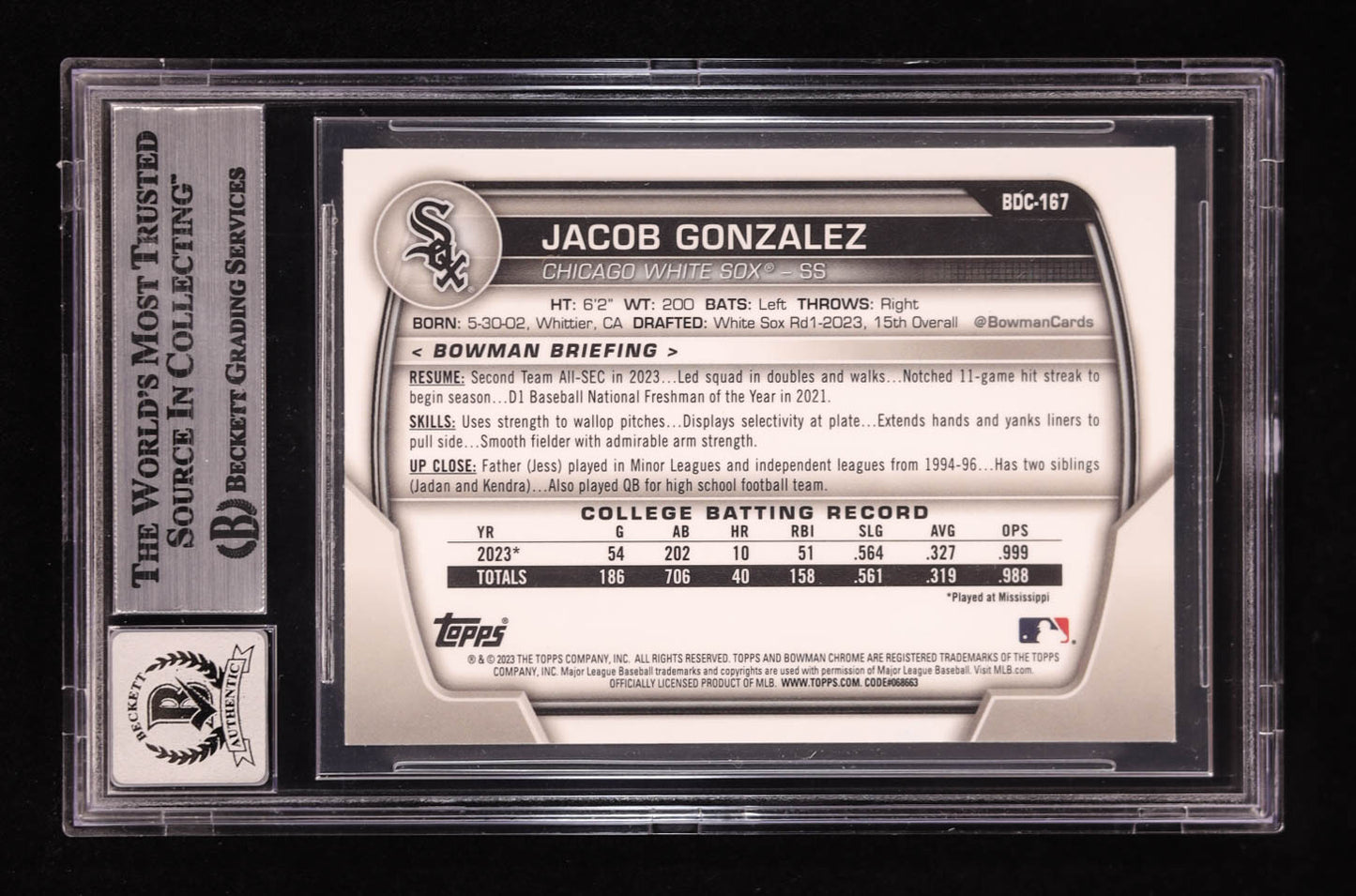 Jacob Gonzalez Signed 2023 Bowman Chrome Draft Green Refractors #BDC167 #40/99 RC (BGS | Auto 10) Rookie Card | Serially Numbered #40 / 99
