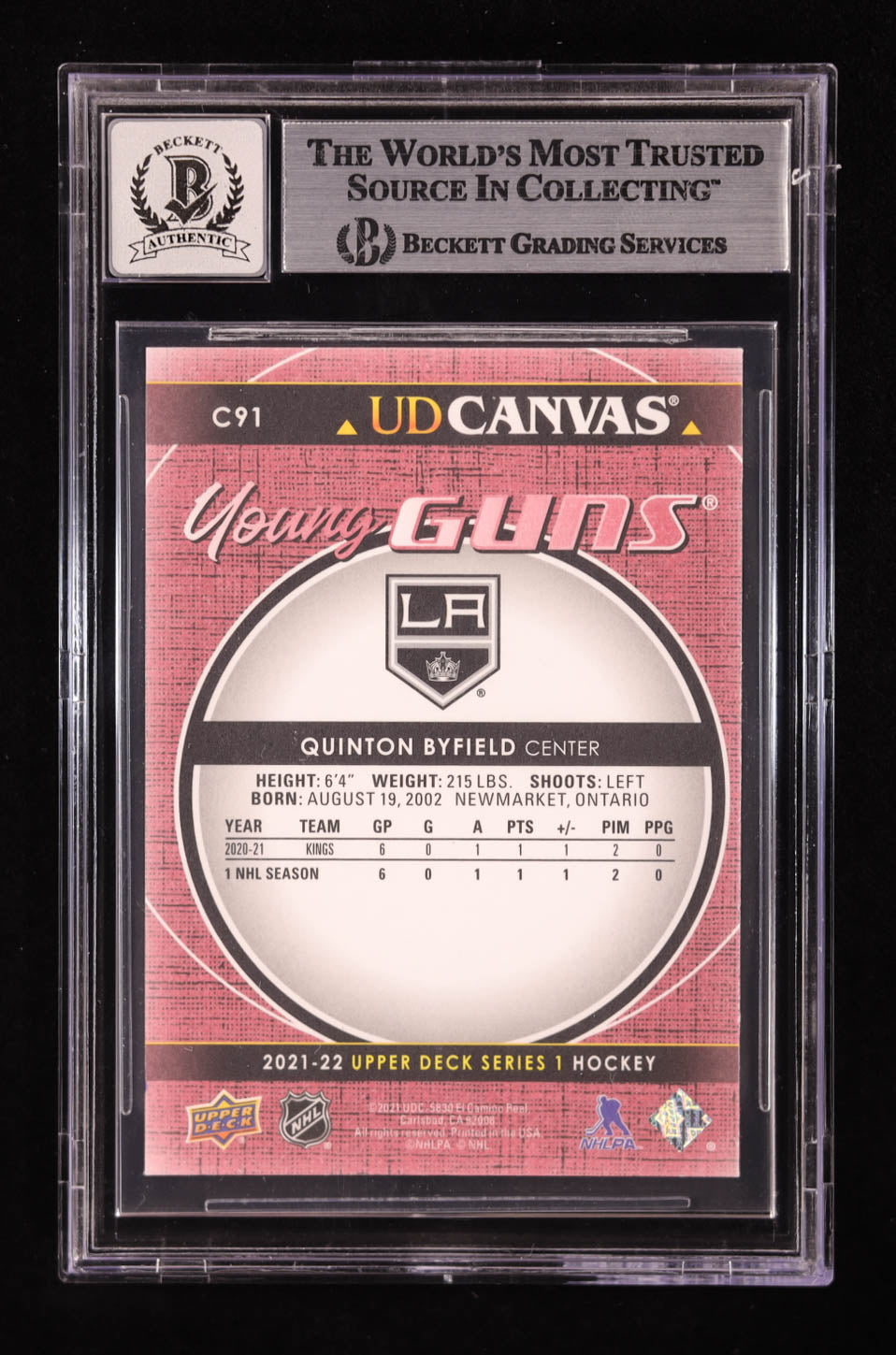 Quinton Byfield Signed 2021-22 Upper Deck Canvas #C91 YG RC (BGS | Auto 10) - Young Guns - Rookie Card