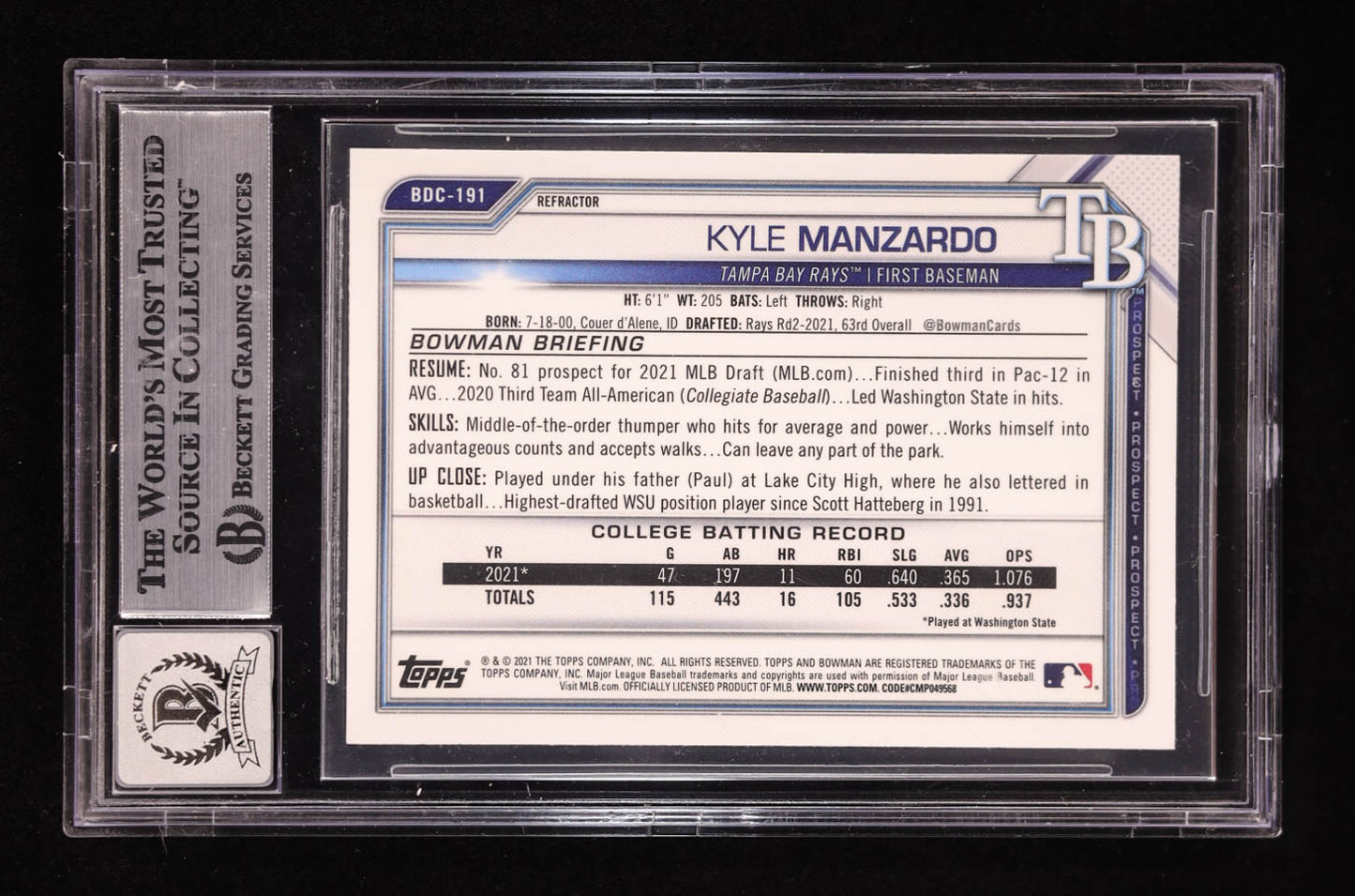 Kyle Manzardo Signed 2021 Bowman Chrome Draft Refractors #BDC191 RC (BGS | Auto 10) Rookie Card