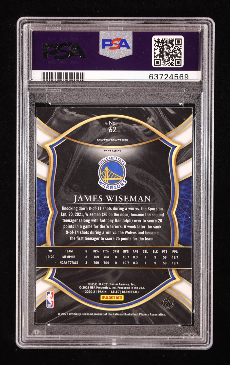 James Wiseman Signed 2020 Panini Select Silver Prizm #62 RC (PSA | Auto Grade 10) Rookie Card