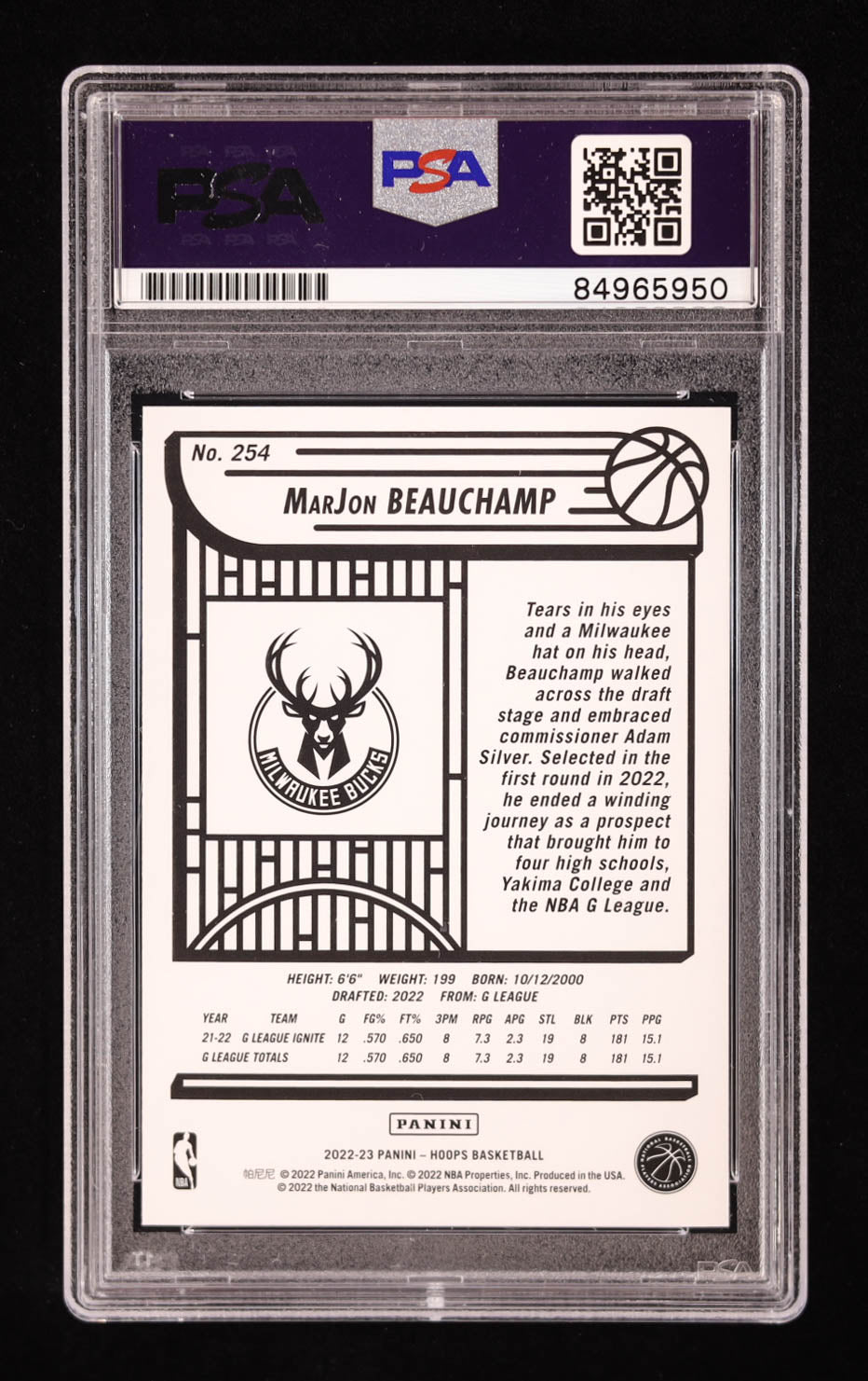 MarJon Beauchamp Signed 2022-23 Panini Hoops #254 RC (PSA) Rookie Card