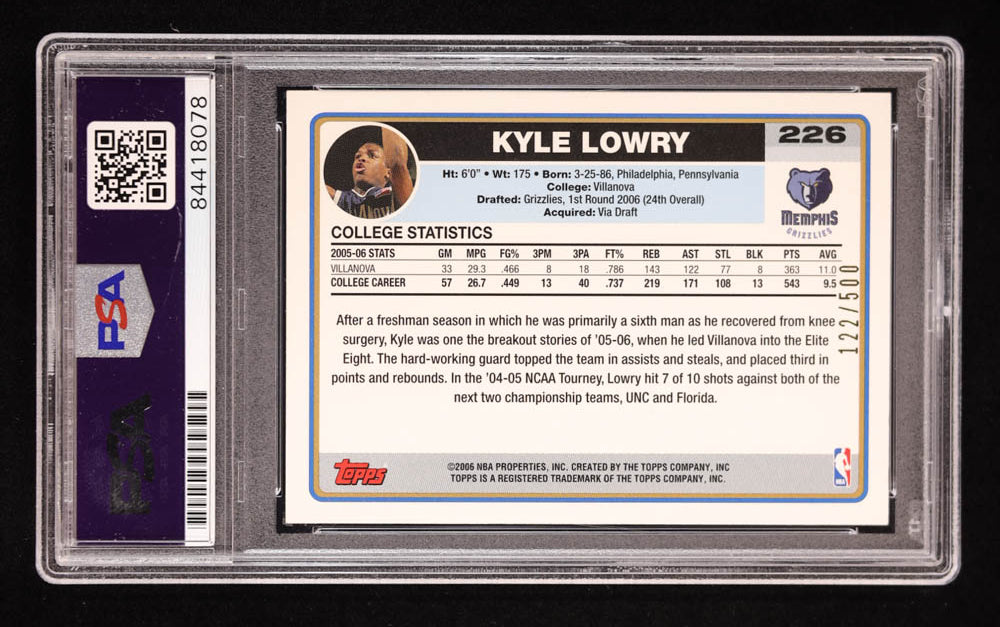 Kyle Lowry Signed 2006-07 Topps #226 #122/500 RC (PSA | Auto 9) Rookie Card | Serially Numbered #122 / 500