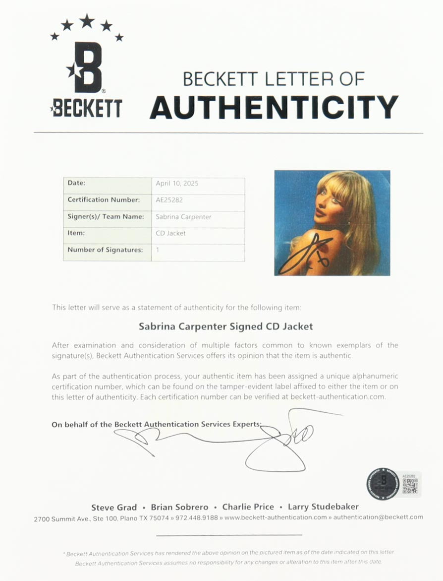 Sabrina Carpenter Signed (Beckett) Custom Framed "Short n' Sweet" CD Album Insert Display With Disc