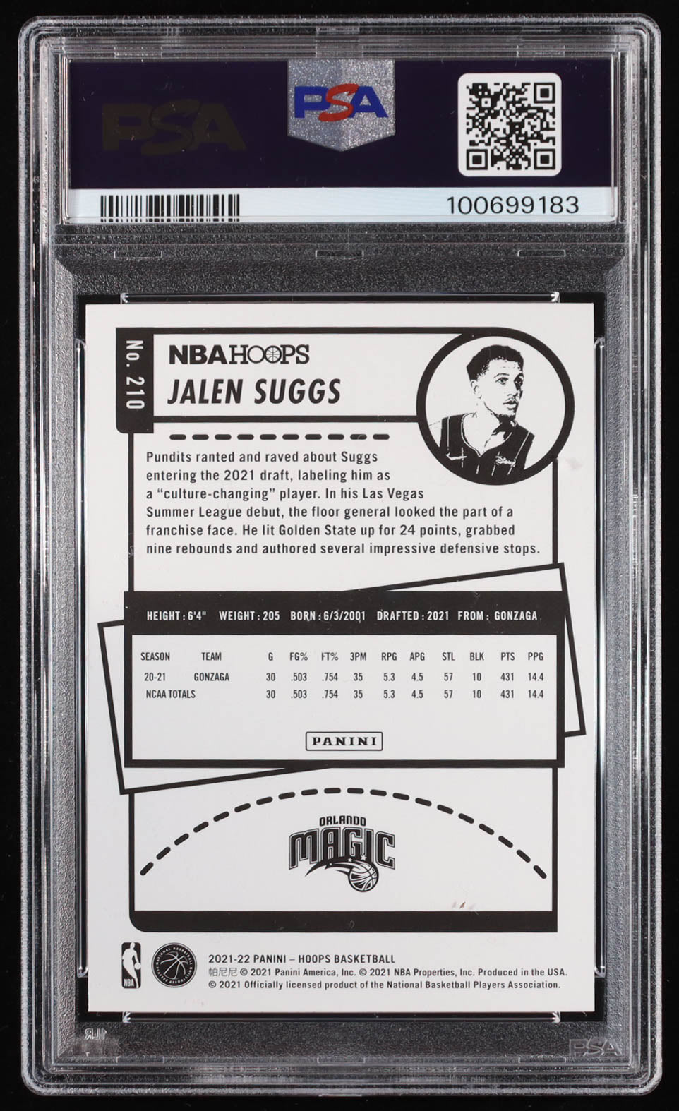 Jalen Suggs Signed 2021-22 Hoops #210 RC (PSA 9 | Auto Grade PSA 10) Autograph Graded PSA 10 | Rookie Card