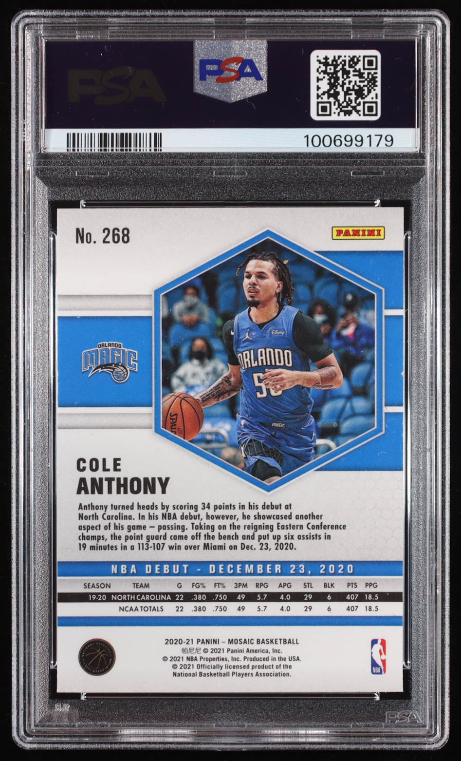 Cole Anthony Signed 2020-21 Panini Mosaic #268 RC (PSA 9 | Auto Grade PSA 10) Autograph Graded PSA 10 | Rookie Card