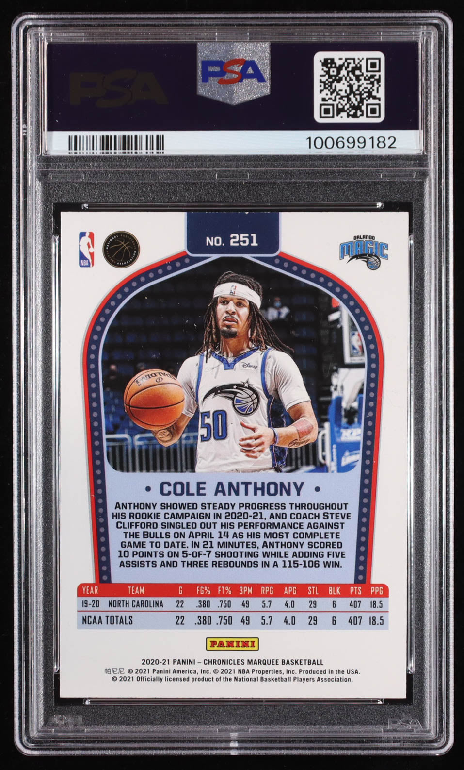 Cole Anthony Signed 2020-21 Panini Chronicles Marquee #251 RC (PSA 9 | Auto Graded PSA 10) Autograph Graded PSA 10 | Rookie Card