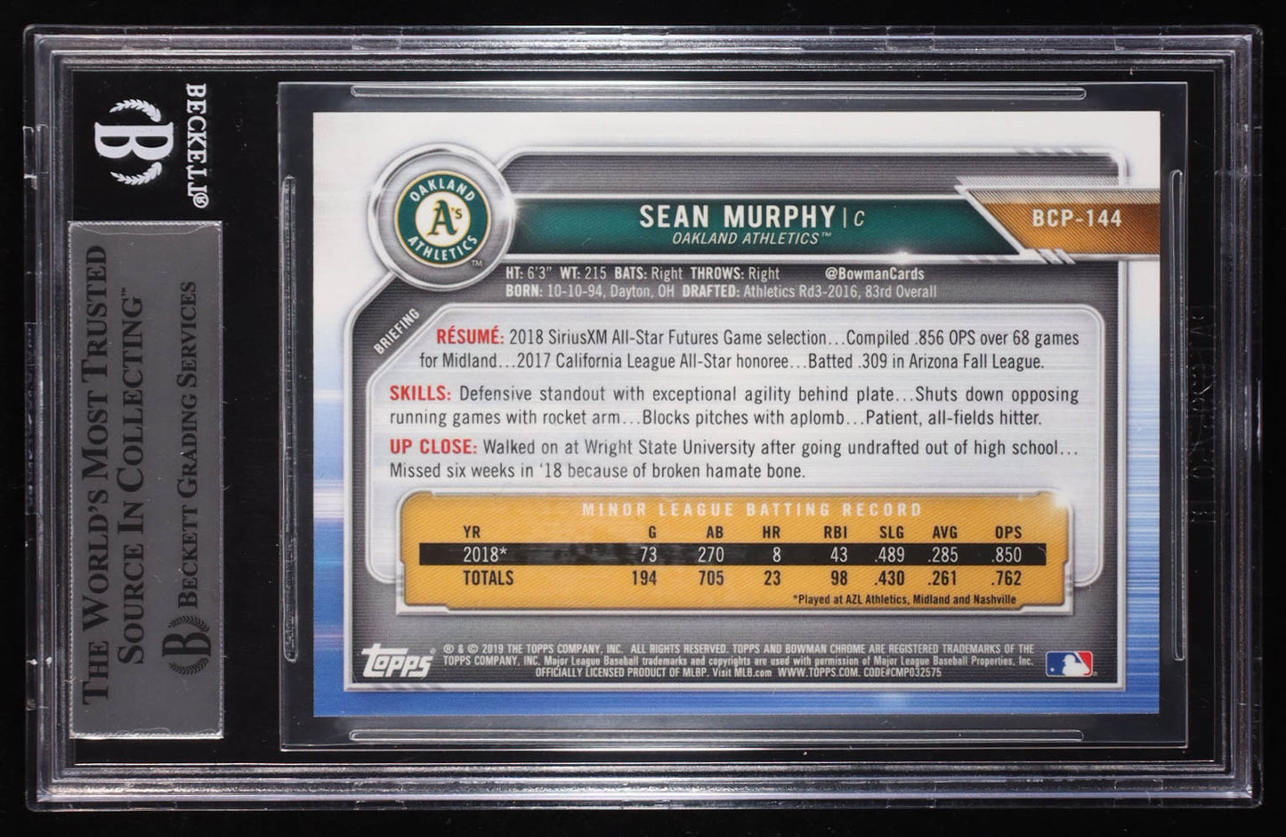 Sean Murphy Signed 2019 Bowman Chrome Prospects Speckle Refractors #BCP144 #003/299 RC (BGS | Auto Grade BGS Authentic) Autograph Graded BGS Authentic | Rookie Card | Serially Numbered #003 / 299