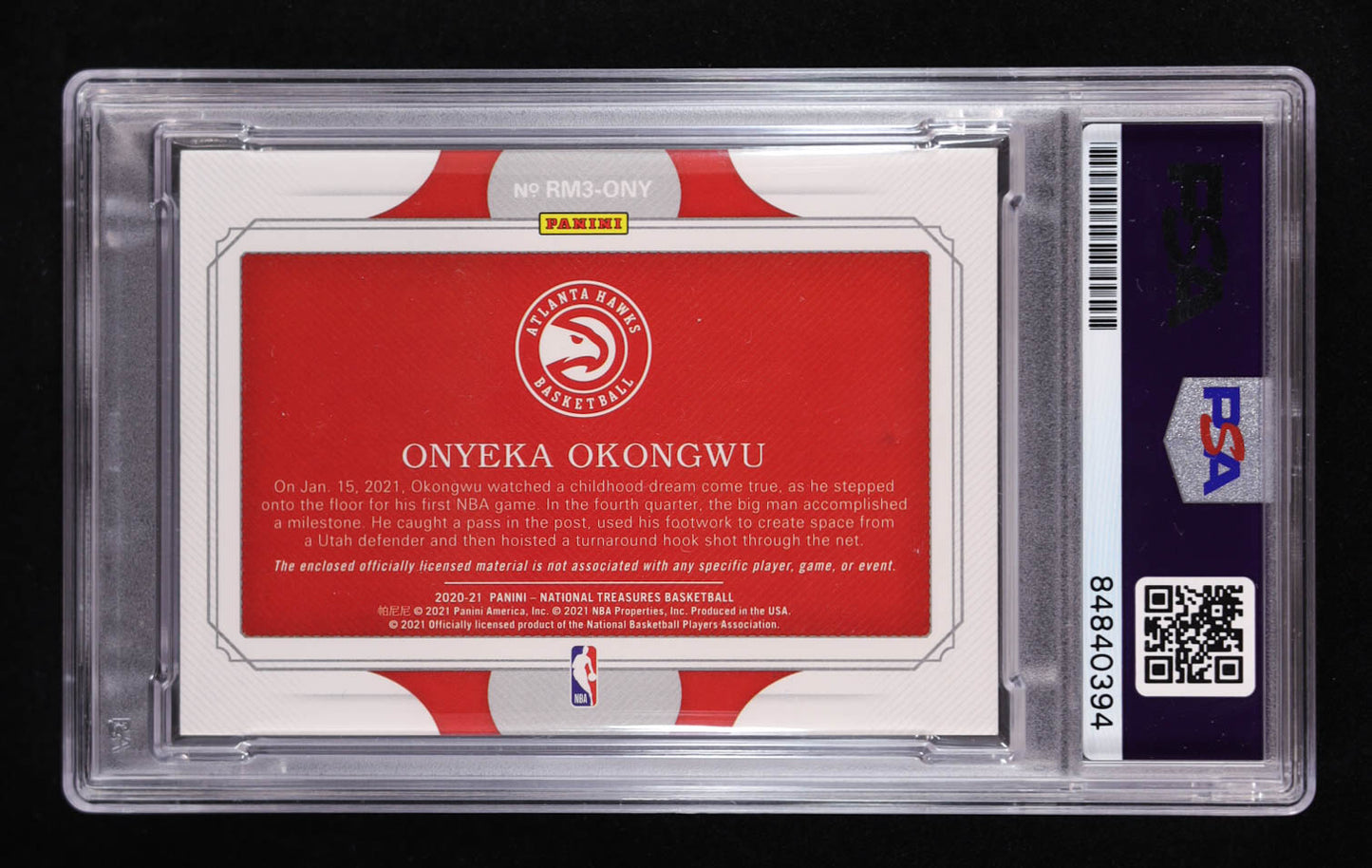 Onyeka Okongwu Signed 2020-21 Panini National Treasures Rookie Triple Materials #13 #60/99 RC (PSA | Auto Grade PSA 10) Autograph Graded PSA 10 | Rookie Card | Serially Numbered #60 / 99