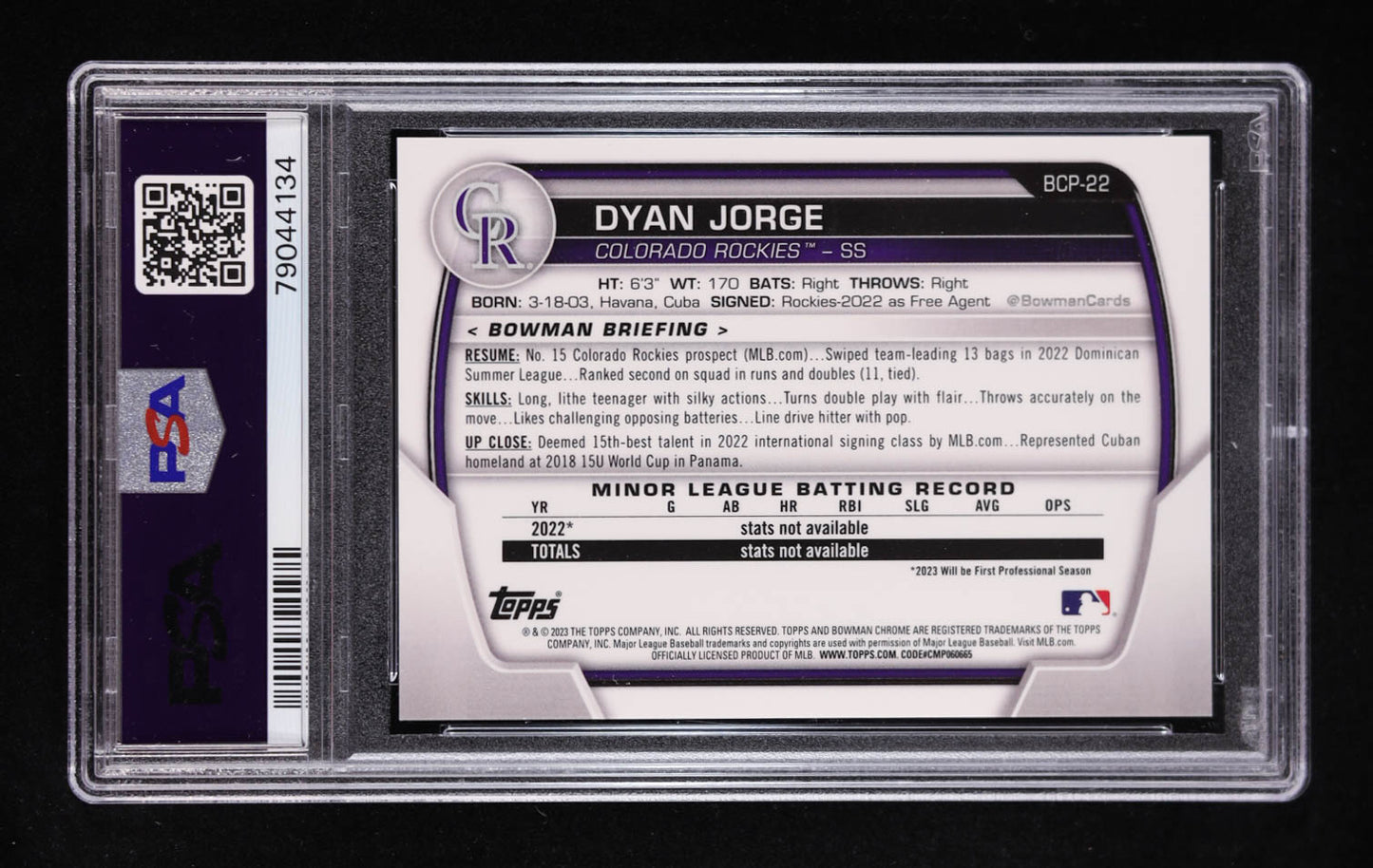 Dyan Jorge Signed 2023 Bowman Chrome Prospects Purple Refractors #BCP22 #176/250 RC (PSA 9 | Auto Grade PSA 10) Rookie Card | Serially Numbered #176 / 250 | Autograph Graded PSA 10