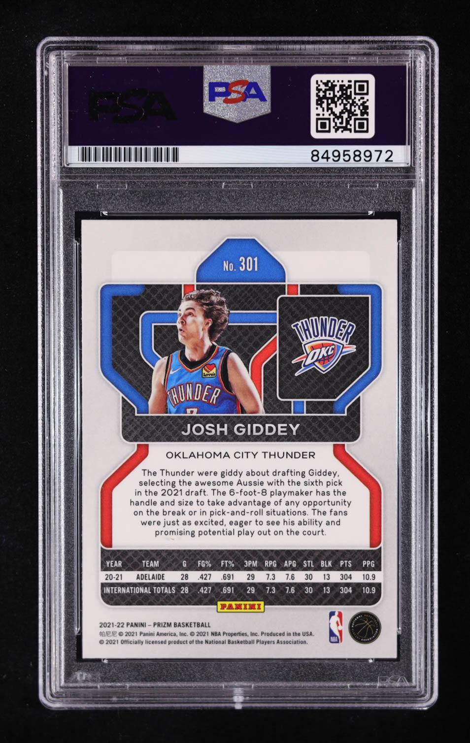Josh Giddey Signed 2021-22 Panini Prizm #301 RC (PSA | Auto Grade PSA 10) Autograph Graded PSA 10 | Rookie Card