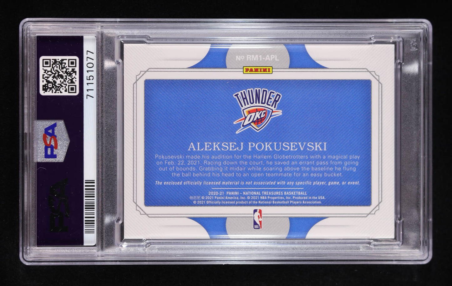 Aleksej Pokusevski Signed 2020-21 Panini National Treasures Rookie Materials Prime #18 #01/25 RC (PSA | Auto Grade PSA 10) Autograph Graded PSA 10 | Rookie Card | Serially Numbered #01 / 25