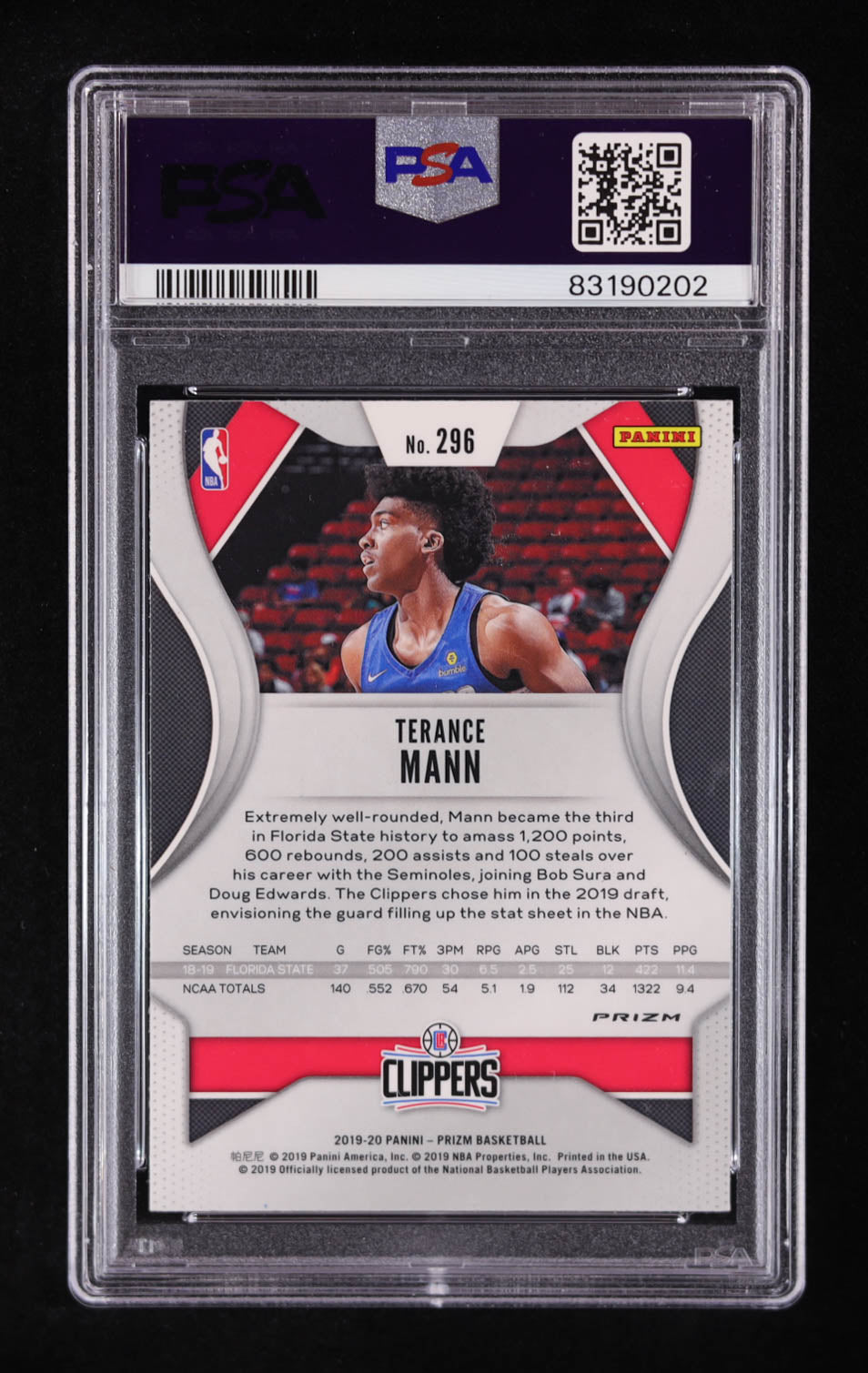 Terance Mann Signed 2019-20 Panini Prizm Prizms Silver #296 RC (PSA | Auto Grade PSA 10) Autograph Graded PSA 10 | Rookie Card