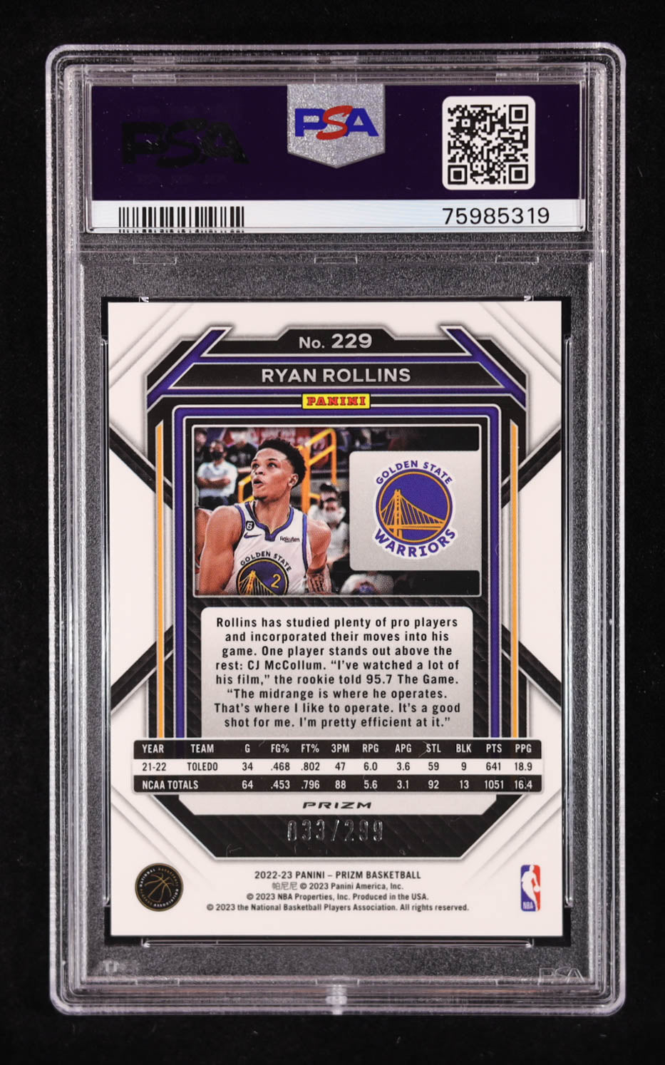 Ryan Rollins Signed 2022-23 Panini Prizm Prizms Red #229 #033/299 RC (PSA 10) Rookie Card | Serially Numbered # 33 / 299 | Auto Graded PSA 10