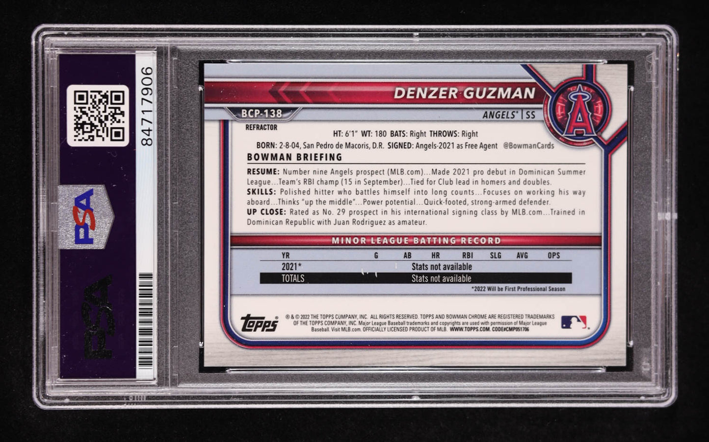 Denzer Guzman Signed 2022 Bowman Chrome Prospects Refractors #BCP138 #319/499 RC (PSA 10) Serially Numbered # 319 / 499 - Rookie Card