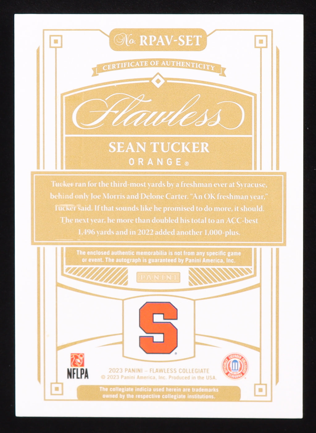 Sean Tucker 2023 Panini Flawless Collegiate Flawless Rookie Patch Autographs Vertical Platinum #145 RC #1/1 Rookie Card / Serially Numbered #1 / 1