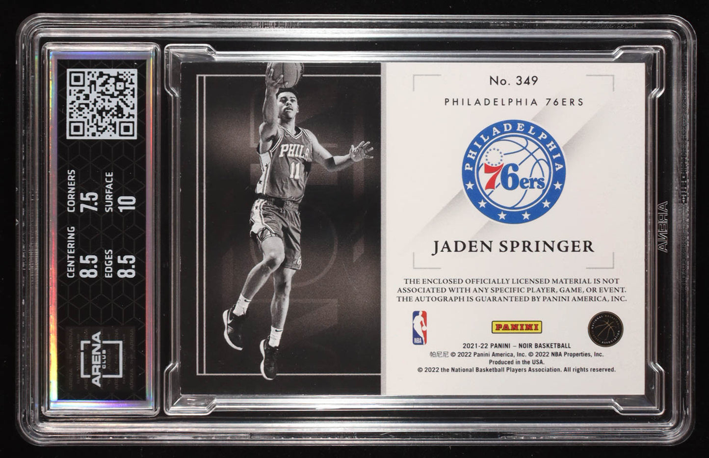 Jaden Springer Signed 2021-22 Panini Noir #349 #99/99 RC (Arena Club 8) Rookie Card | Serially Numbered # 99 / 99 | Auto Grade Arena Club 10