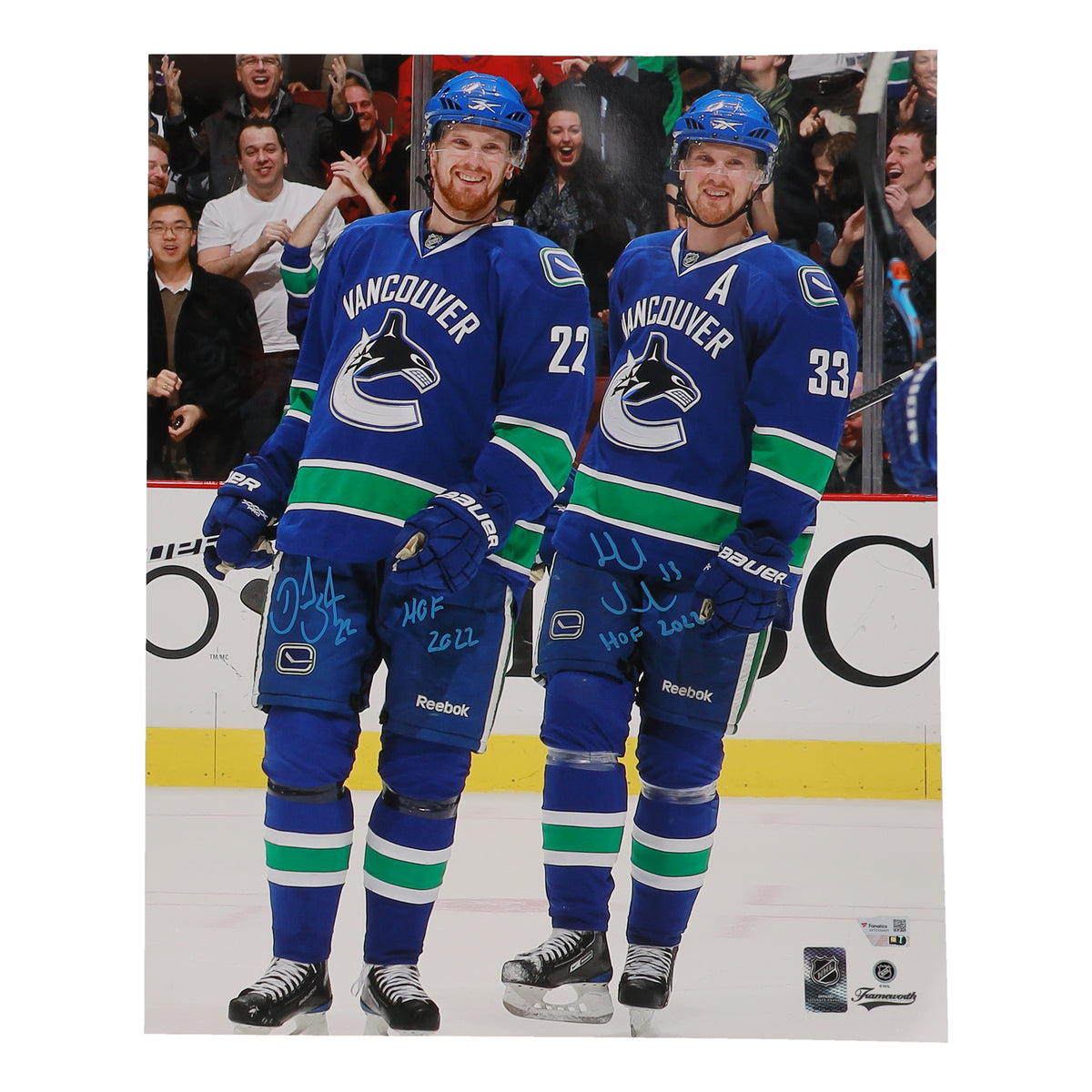 Daniel Sedin & Henrik Sedin Signed (Fanatics) Canucks 16x20 Photo Inscribed "HOF 2022"