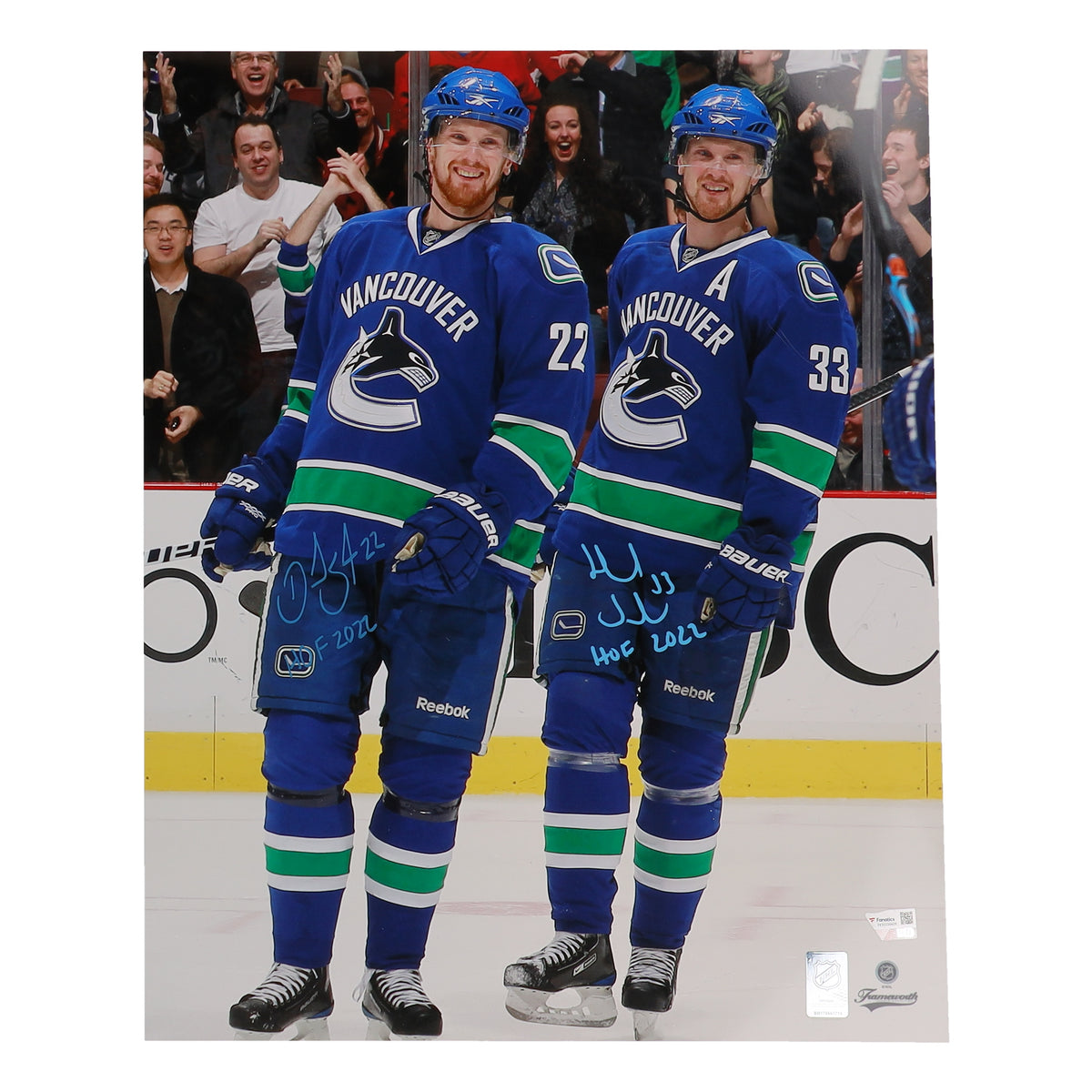 Daniel Sedin & Henrik Sedin Signed (Fanatics) Canucks 16x20 Photo Inscribed "HOF 2022"