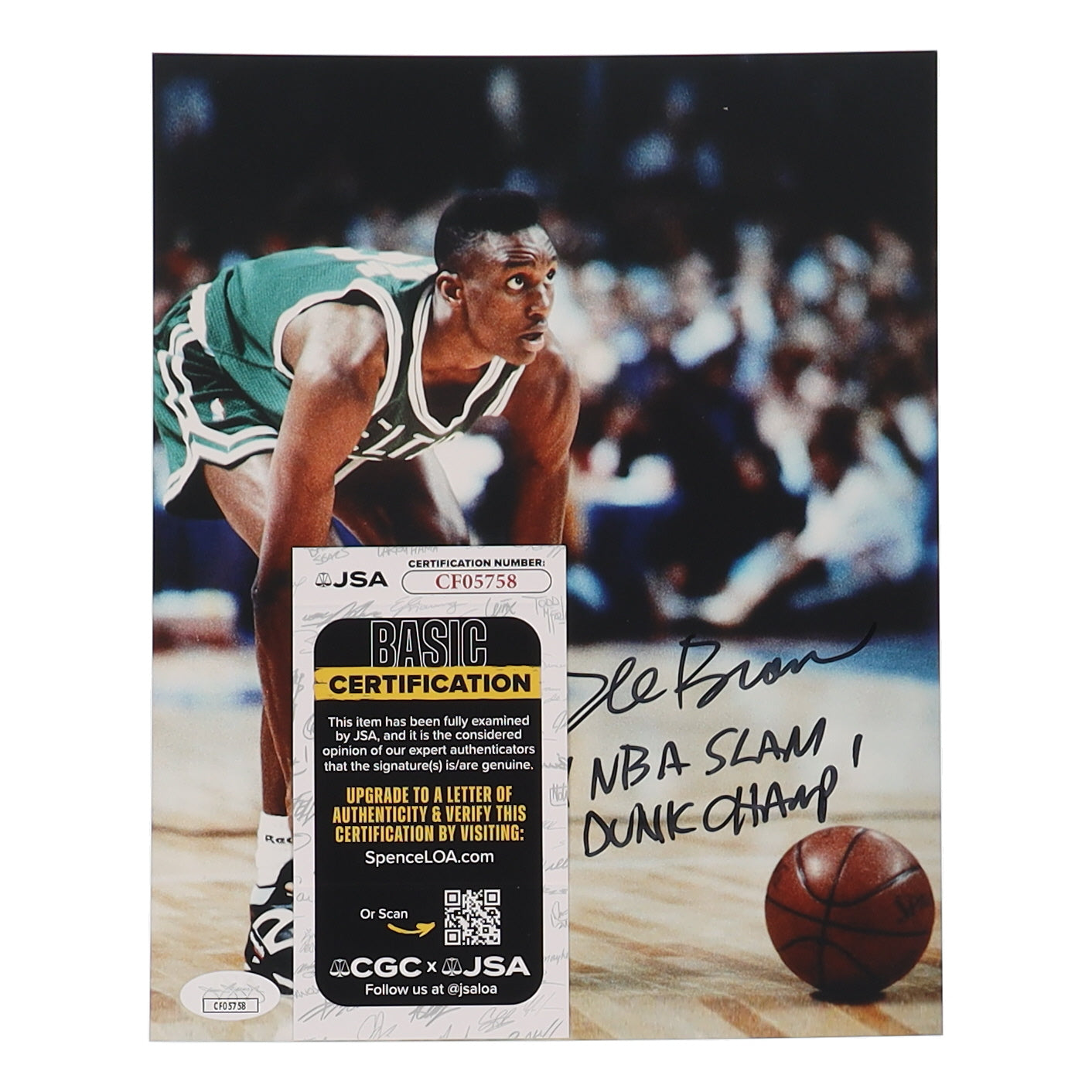 Dee Brown Signed Celtics 11x14 Photo Inscribed "91 NBA Slam Dunk Champ!" (JSA)