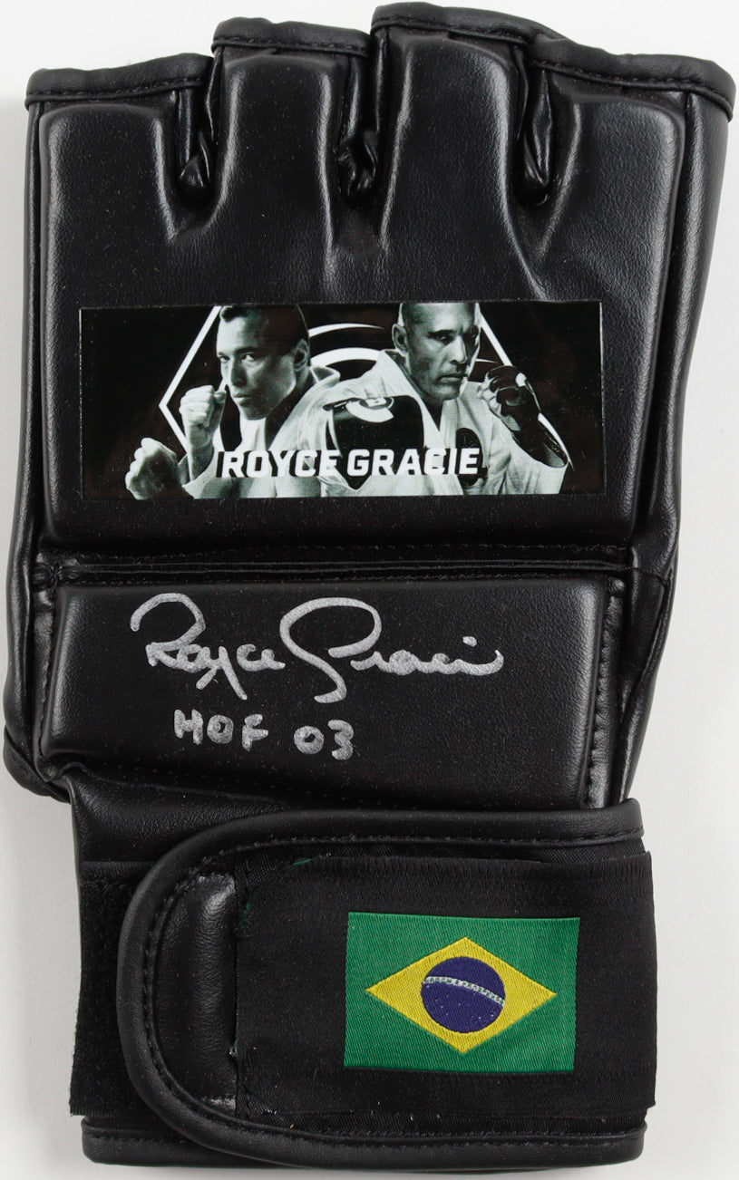 Royce Gracie Signed (Beckett) Custom Brazil MMA Fight Glove Inscribed "HOF 03"