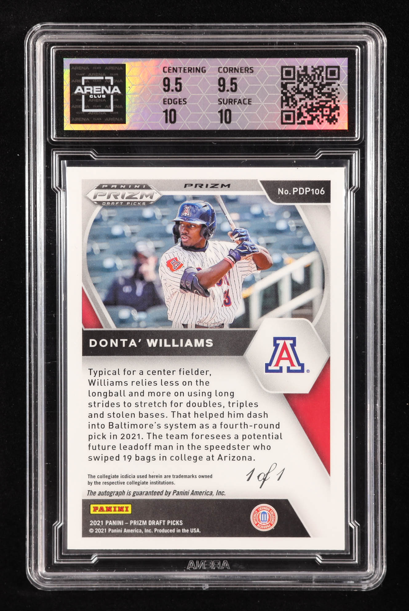 Donta' Williams Signed 2021 Panini Prizm Draft Picks Base Autographs Prizms White Sparkle #106 RC #1/1 (Arena Club 10 | Auto 10) Rookie Card | Serially Numbered #1 / 1 | Autograph Graded 10