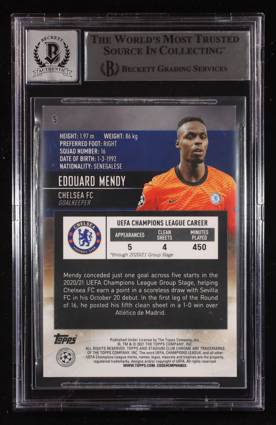 Edouard Mendy Signed 2020-21 Stadium Club Chrome UEFA Champions League #5 RC (BGS | Auto 10) Rookie Card | Beckett Witnessed
