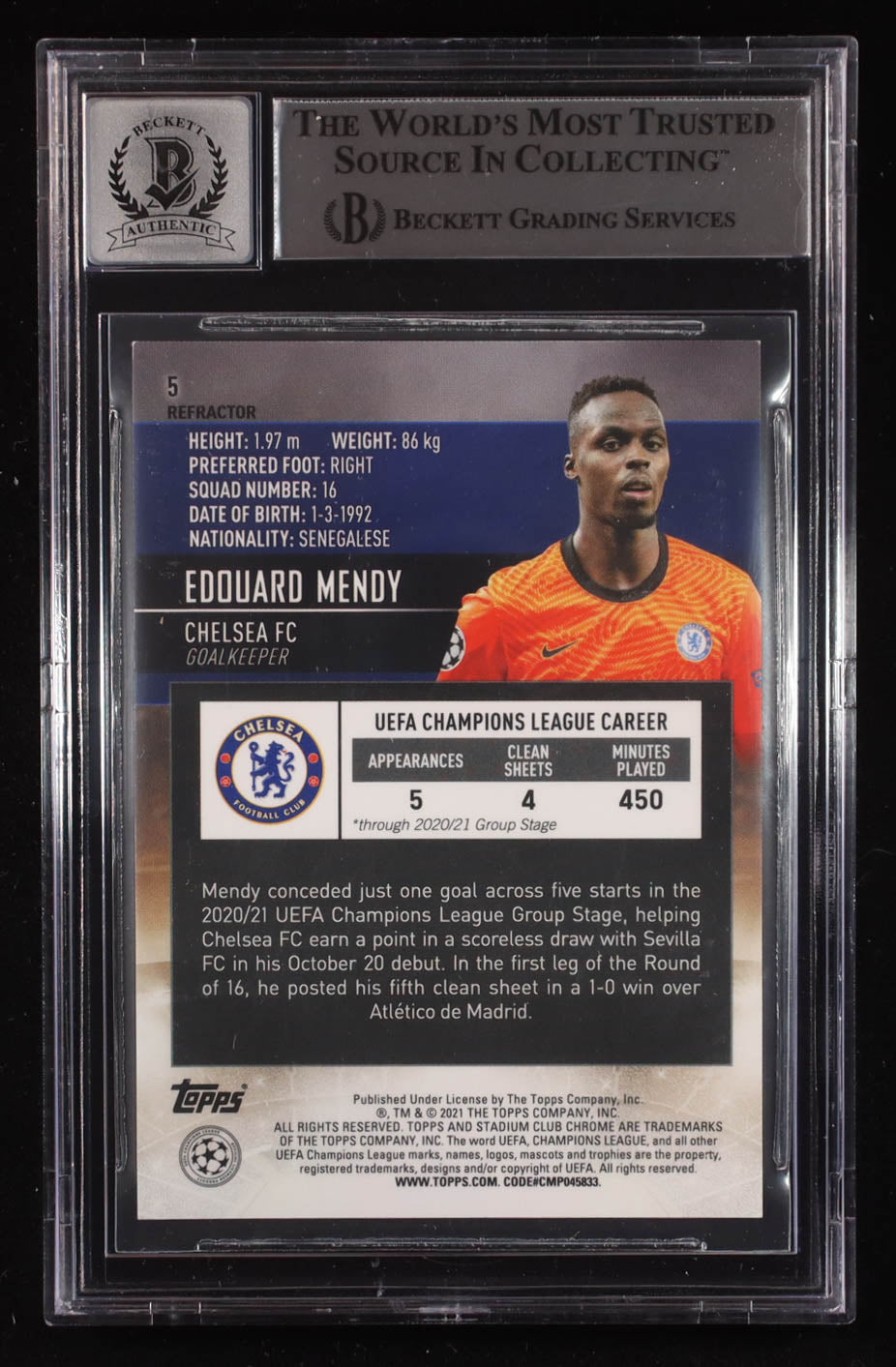 Edouard Mendy Signed 2020-21 Stadium Club Chrome UEFA Champions League Refractors #5 RC (BGS | Auto 10) Rookie Card | Beckett Witnessed