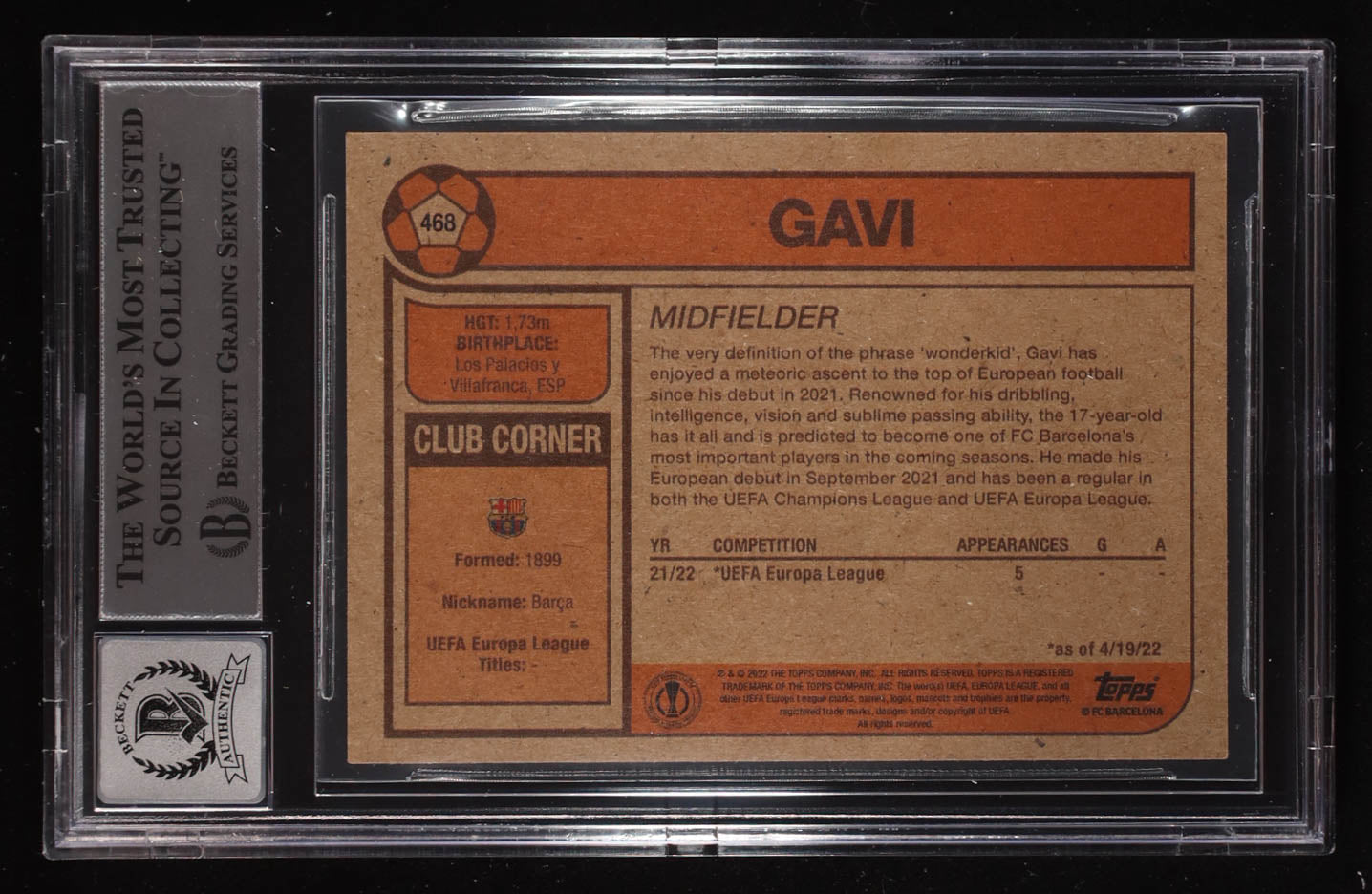 Gavi Signed 2022 Topps Living UEFA Club Competitions #468 RC (BGS | Auto 10) - Rookie Card | Beckett Witnessed