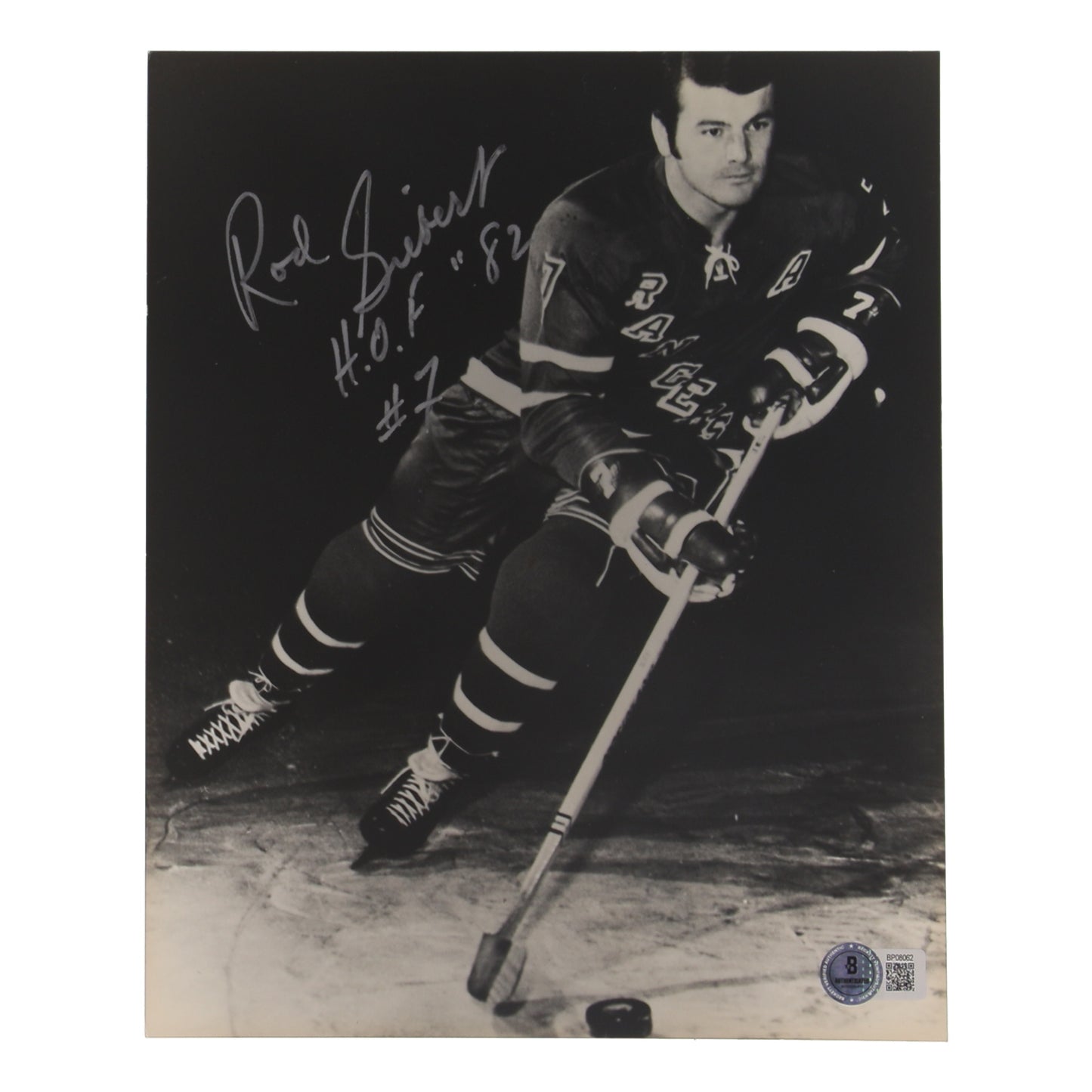 Rod Gilbert Signed (Beckett) Rangers 8x10 Photo Inscribed "H.O.F. '82"