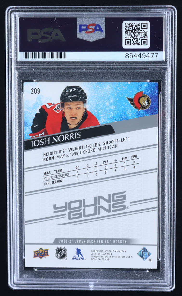 Josh Norris Signed 2020-21 Upper Deck #209 YG RC (PSA) Rookie Card