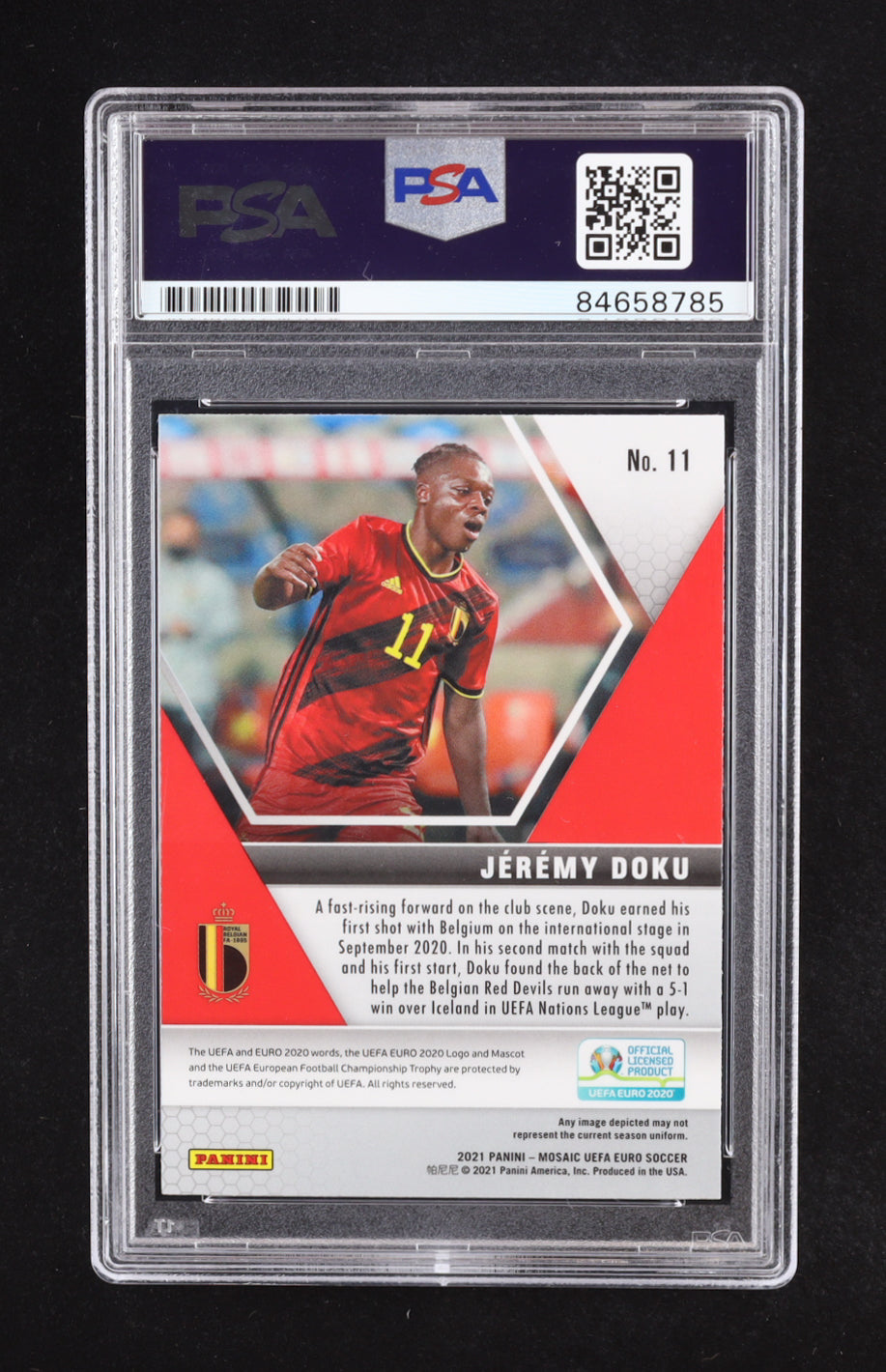 Jeremy Doku Signed 2021 Panini Mosaic UEFA Euro #11 RC (PSA Authentic) Rookie Card