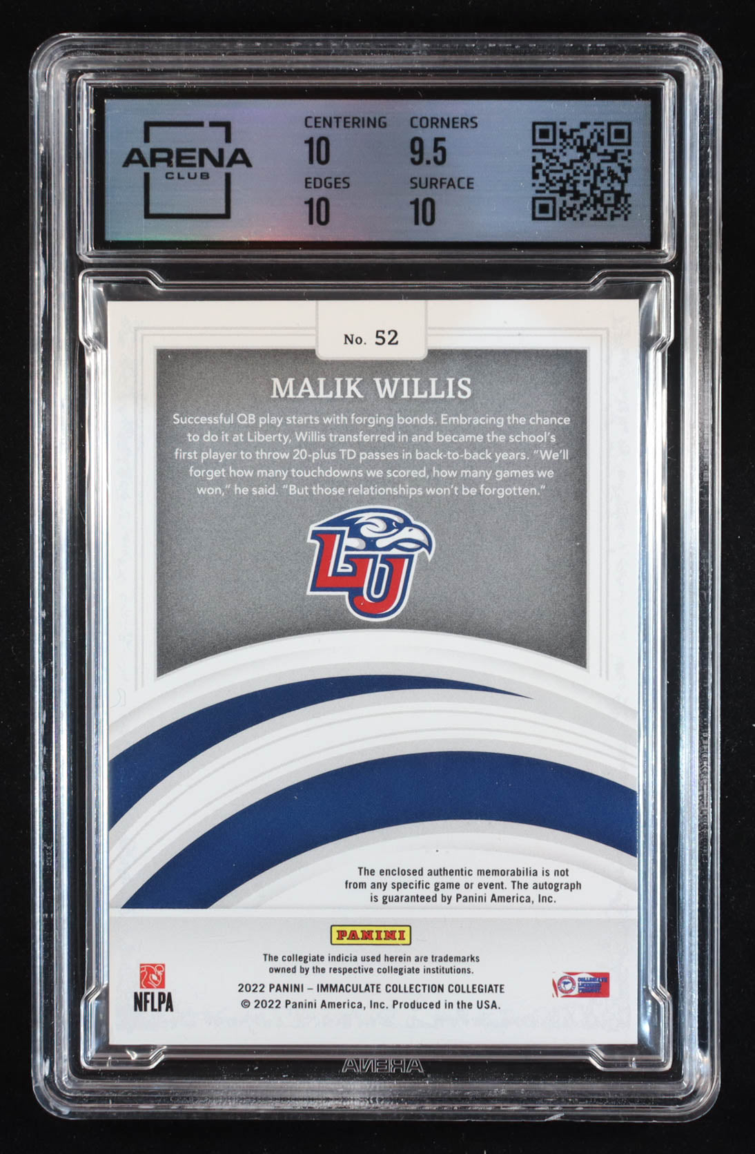 Malik Willis 2022 Immaculate Collection Collegiate #52 JSY AU #07/15 RC (Arena Club 10 | Autograph Grade 10) Rookie Card | Serially Numbered #07 / 15