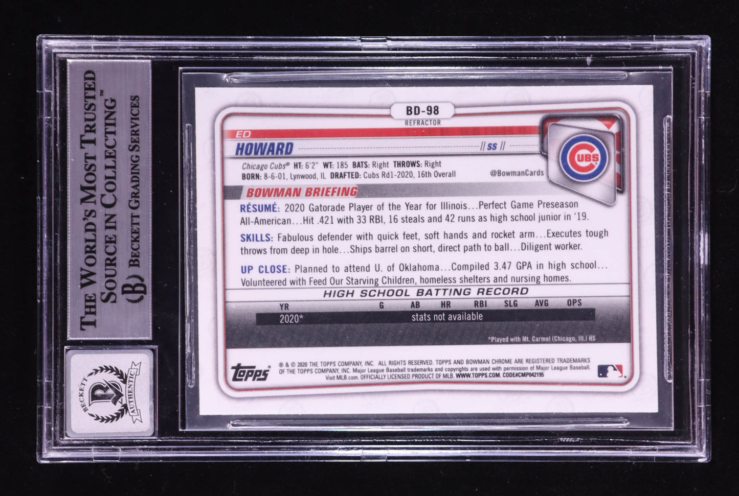 Ed Howard Signed 2020 Bowman Chrome Draft #BD98 RC (BGS | Auto Grade 10) Rookie Card