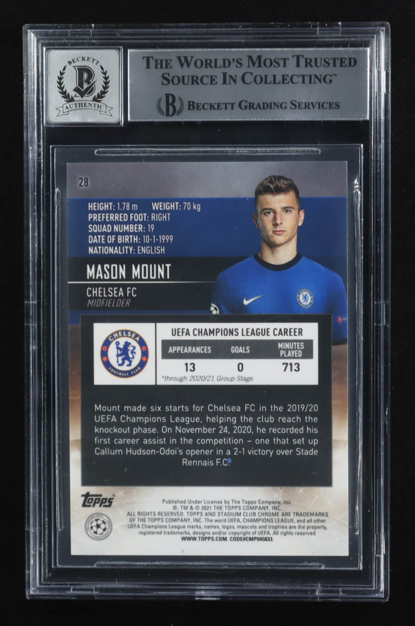 Mason Mount Signed 2020-21 Stadium Club Chrome UEFA Champions League #28 (Beckett | Auto Grade 10) Beckett Witnessed