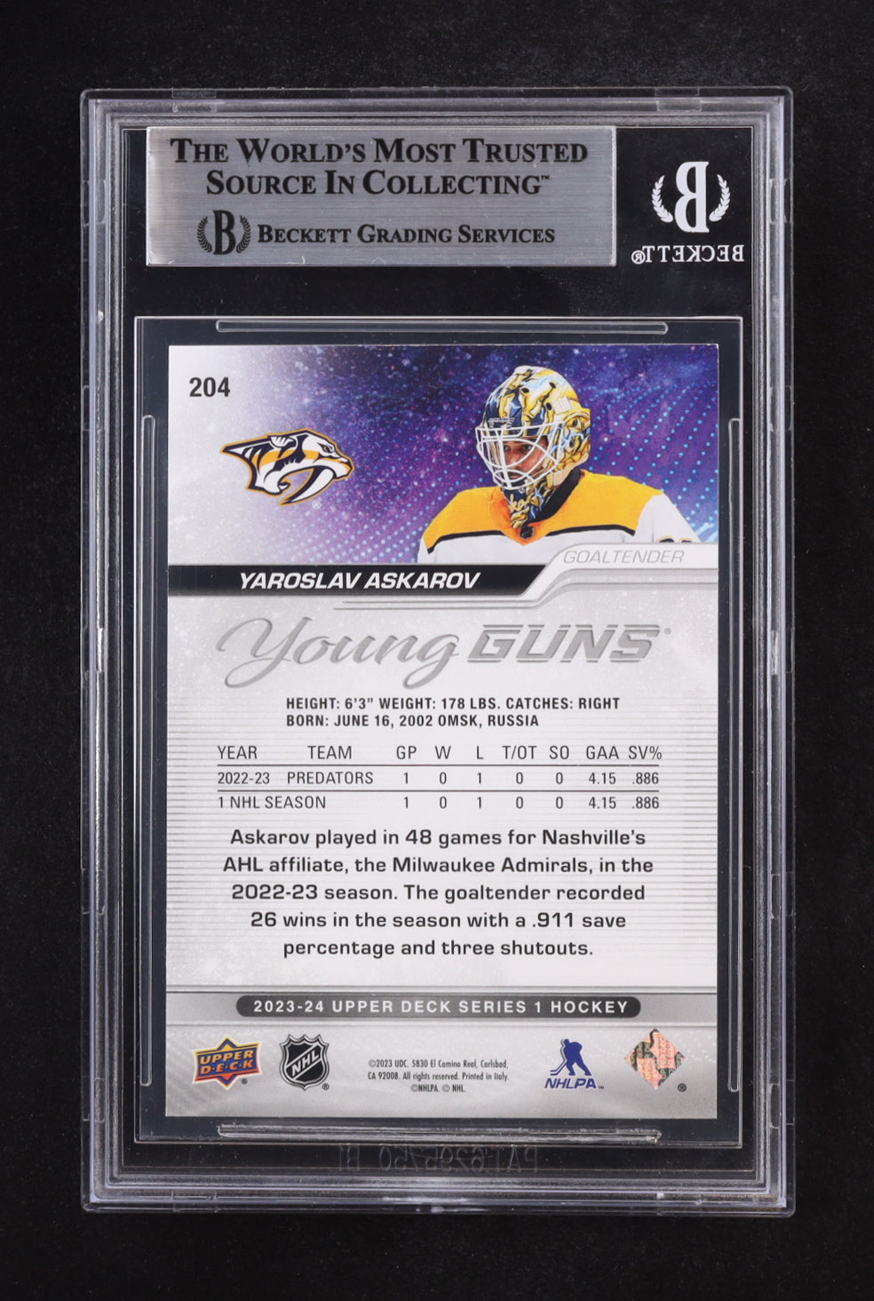 Yaroslav Askarov Signed 2023-24 Upper Deck YG #204 RC (BGS) - Young Guns - Rookie Card