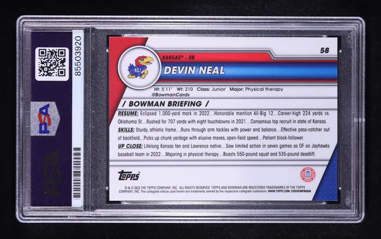 Devin Neal Signed 2023 Bowman Chrome University #58 RC (PSA | Auto 10) Rookie Card | Autograph Graded 10