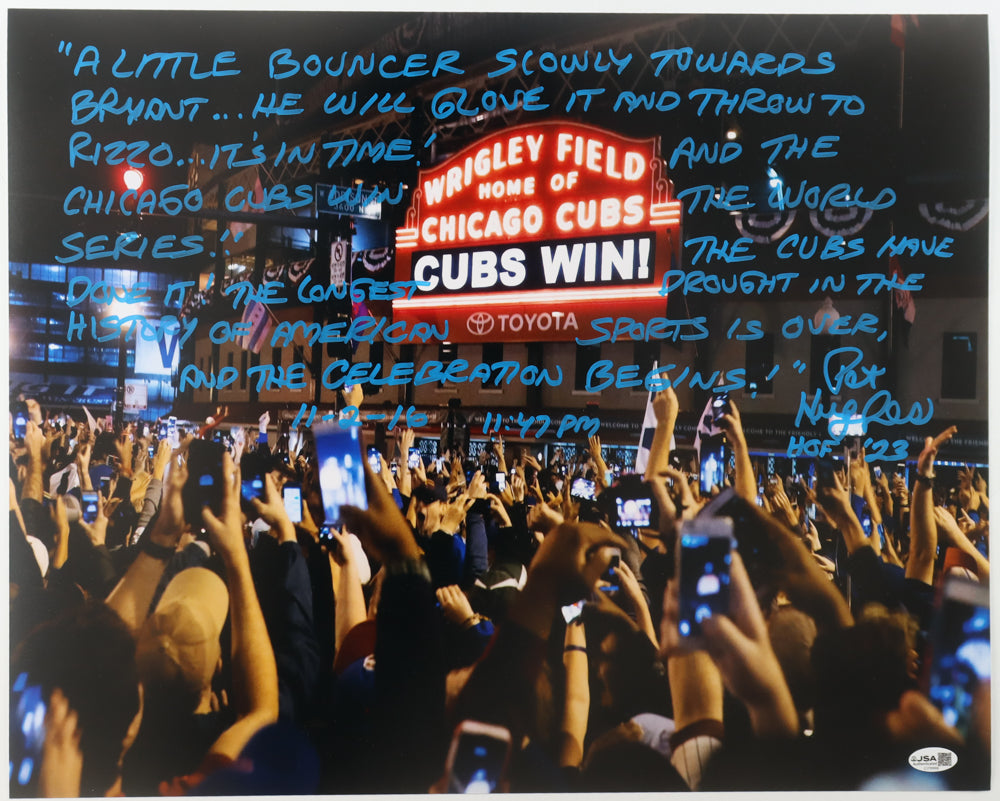 Pat Hughes Signed (JSA) Cubs 16x20 Photo with Extensive Inscription - Sportscaster
