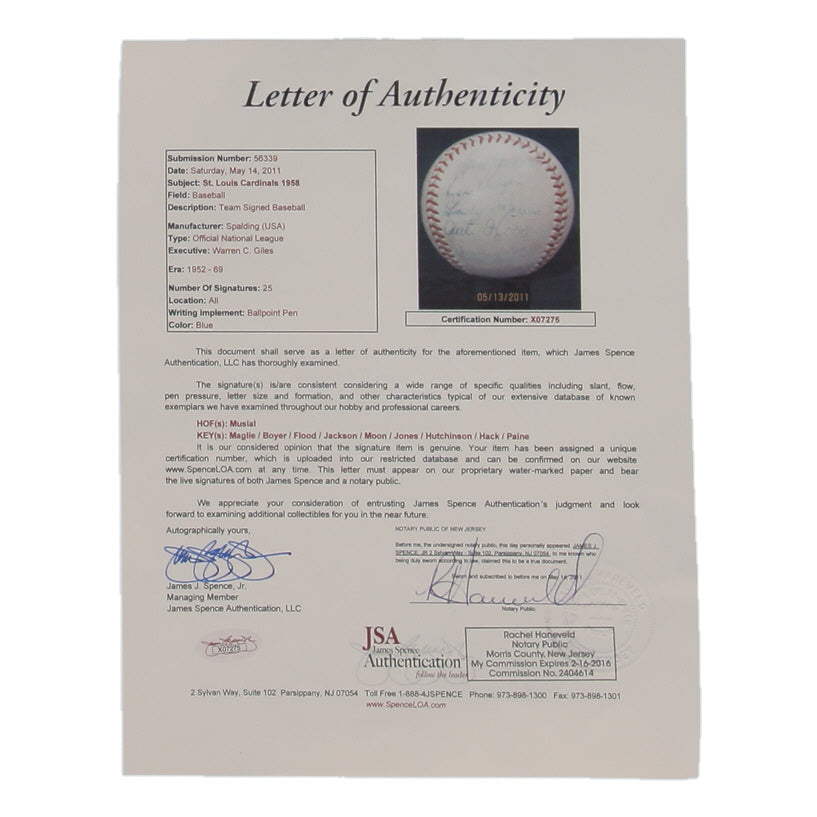 1958 St. Louis Cardinals | ONL Baseball Signed (JSA) by (25) with Stan Musial, Sal Maglie, Ken Boyer