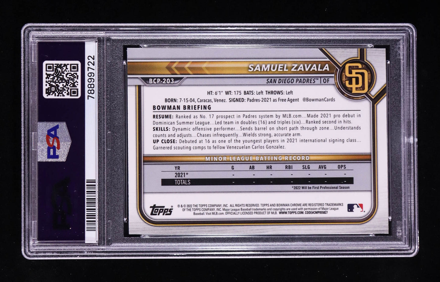 Samuel Zavala Signed 2022 Bowman Chrome 1st Prospects #BCP-203 RC (PSA 9 | Autograph Graded PSA) Rookie Card | Autograph Graded PSA Authentic