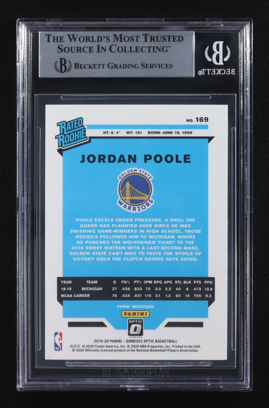 Jordan Poole Signed 2019-20 Panini Donruss Optic RR #169 RC (BGS) Rookie Card | Autograph Graded BGS Authentic