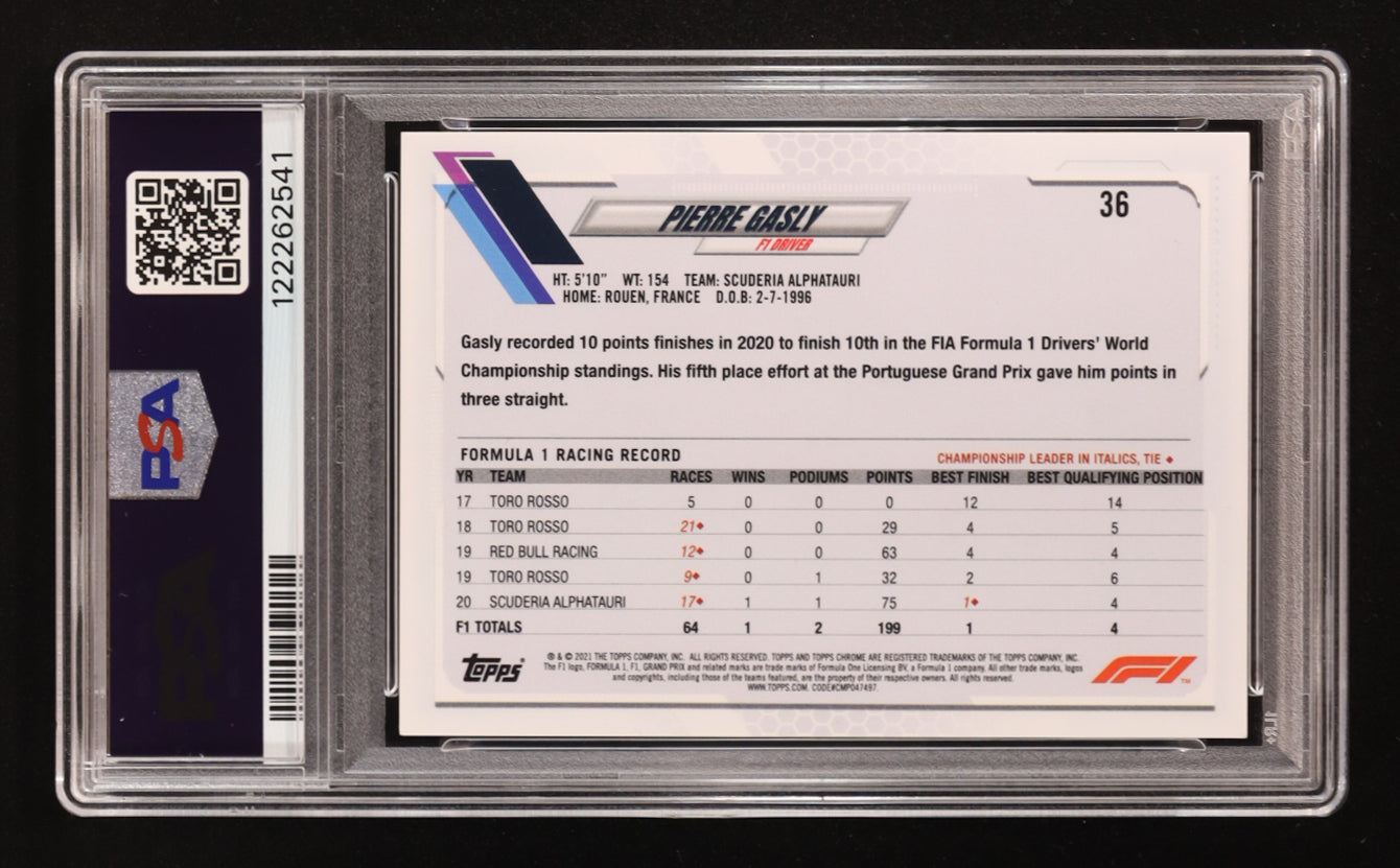 Pierre Gasly Signed 2021 Topps Chrome F1 B&W Raywave Refractor #36 (PSA | Autograph Graded PSA 9) Autograph Graded PSA 9