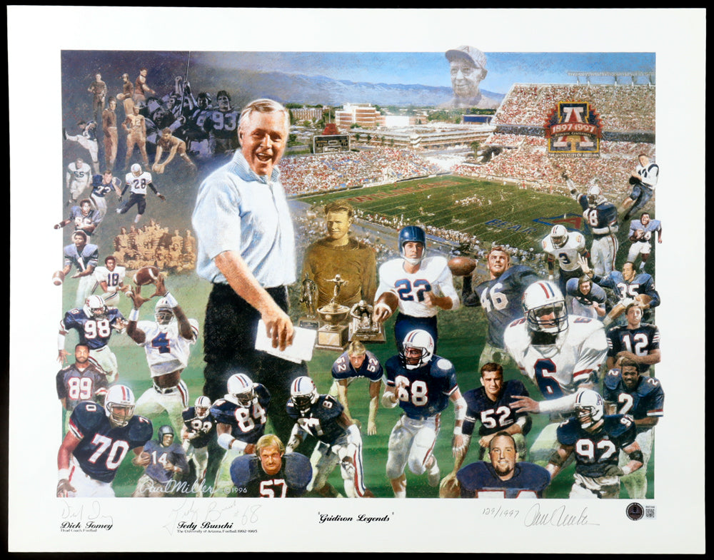 Dick Tomey & Tedy Bruschi Signed (Beckett) Arizona Wildcats "Gridiron Legends" LE 18x24 Lithograph - Limited Edition # / 1997