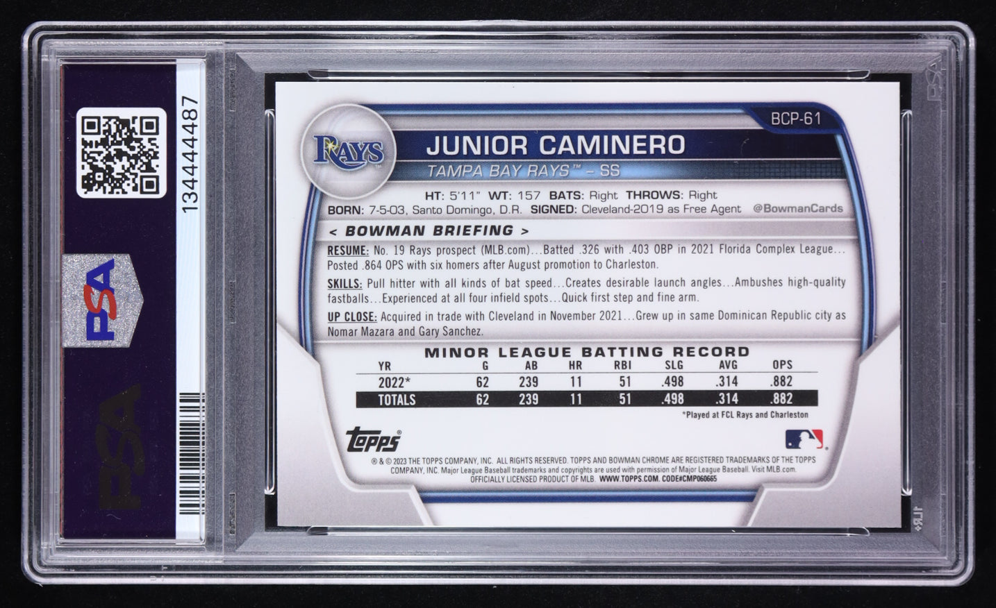 Junior Caminero Signed 2023 Bowman Chrome Prospects #BCP61 RC (PSA 8 | Autograph Grade 10) - Rookie Card