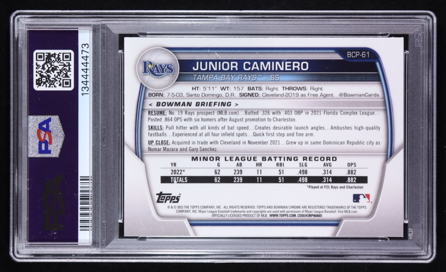 Junior Caminero Signed 2023 Bowman Chrome Prospects #BCP61 RC (PSA 9 | Autograph Grade 10) - Rookie Card