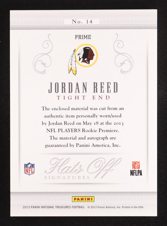 Jordan Reed 2013 Panini National Treasures Rookie Hats Off Signatures Team Logo Player-Worn #14 #6/6 RC Rookie Card | Serially Numbered #6 / 6