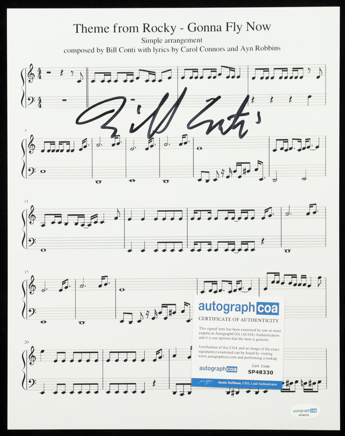 Bill Conti Signed (ACOA) "Gonna Fly Now" 11x14 Music Sheet Photo - "Rocky"